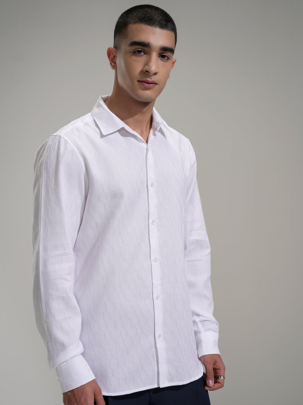 Highlander Men White Self Design Slim Fit Casual Shirt - White - Image 6