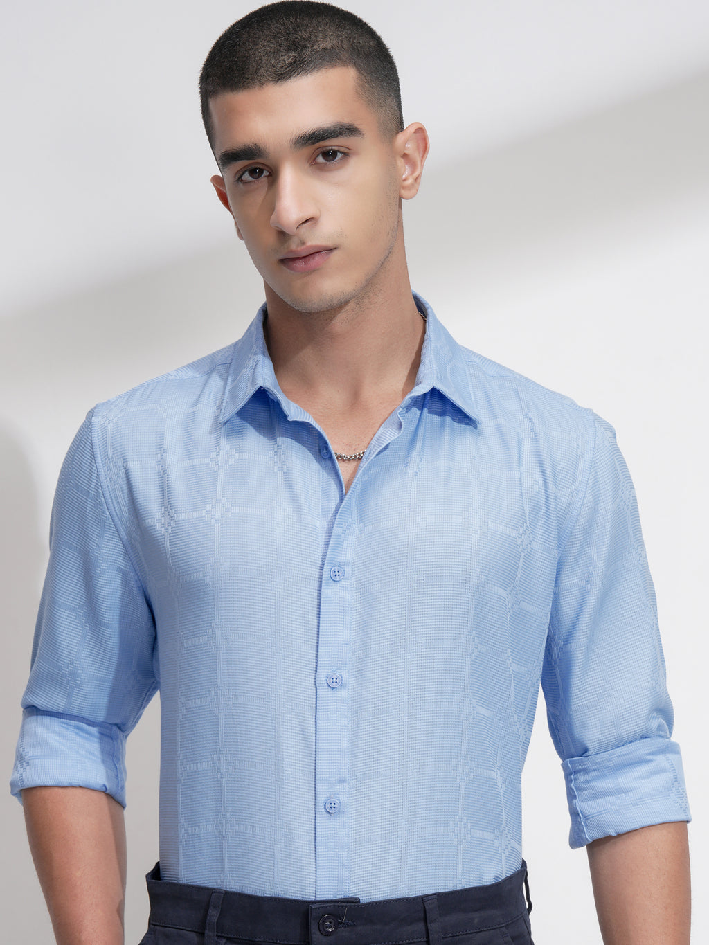 Highlander Men Blue Self Design Slim Fit Casual Shirt - Blue - Image 1