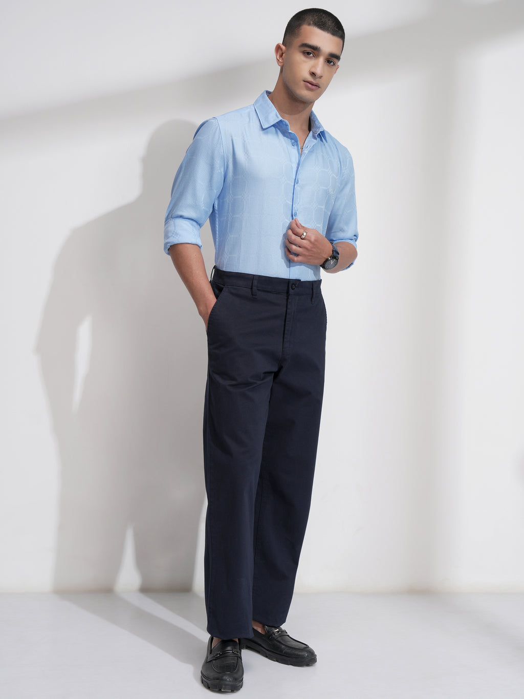 Highlander Men Blue Self Design Slim Fit Casual Shirt - Blue - Image 2