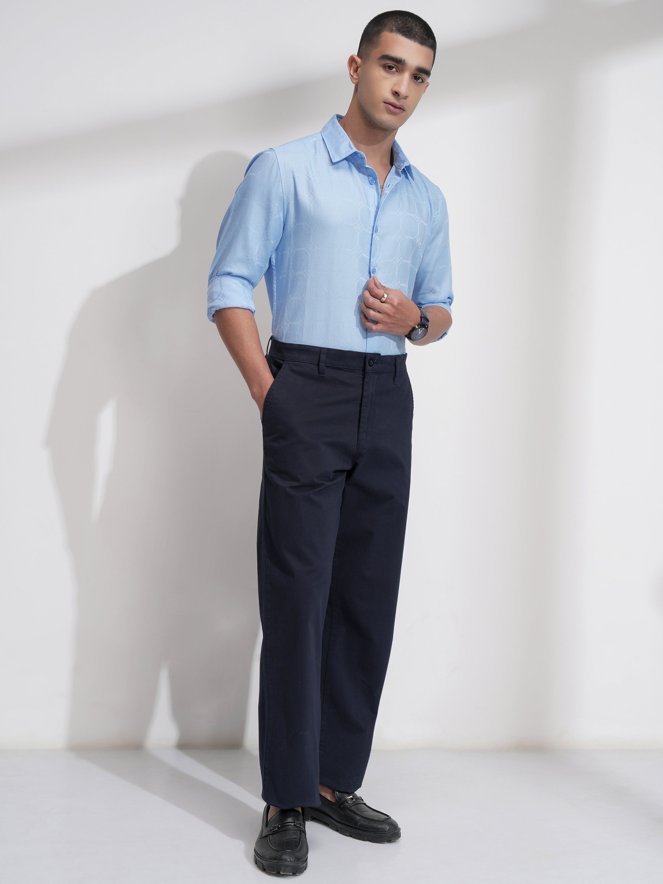 Highlander Men Blue Self Design Slim Fit Casual Shirt - Blue - Image 2