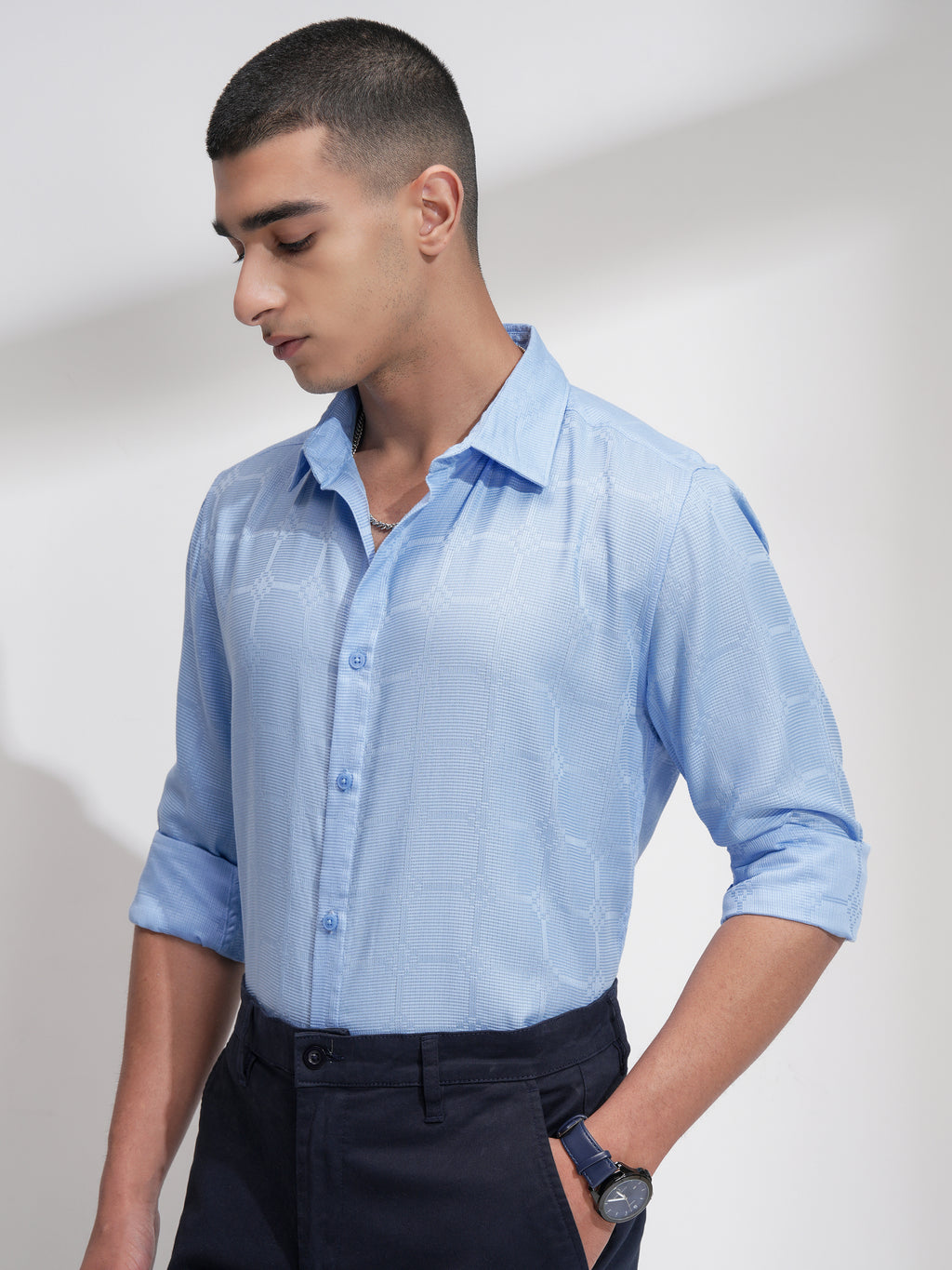 Highlander Men Blue Self Design Slim Fit Casual Shirt - Blue - Image 4