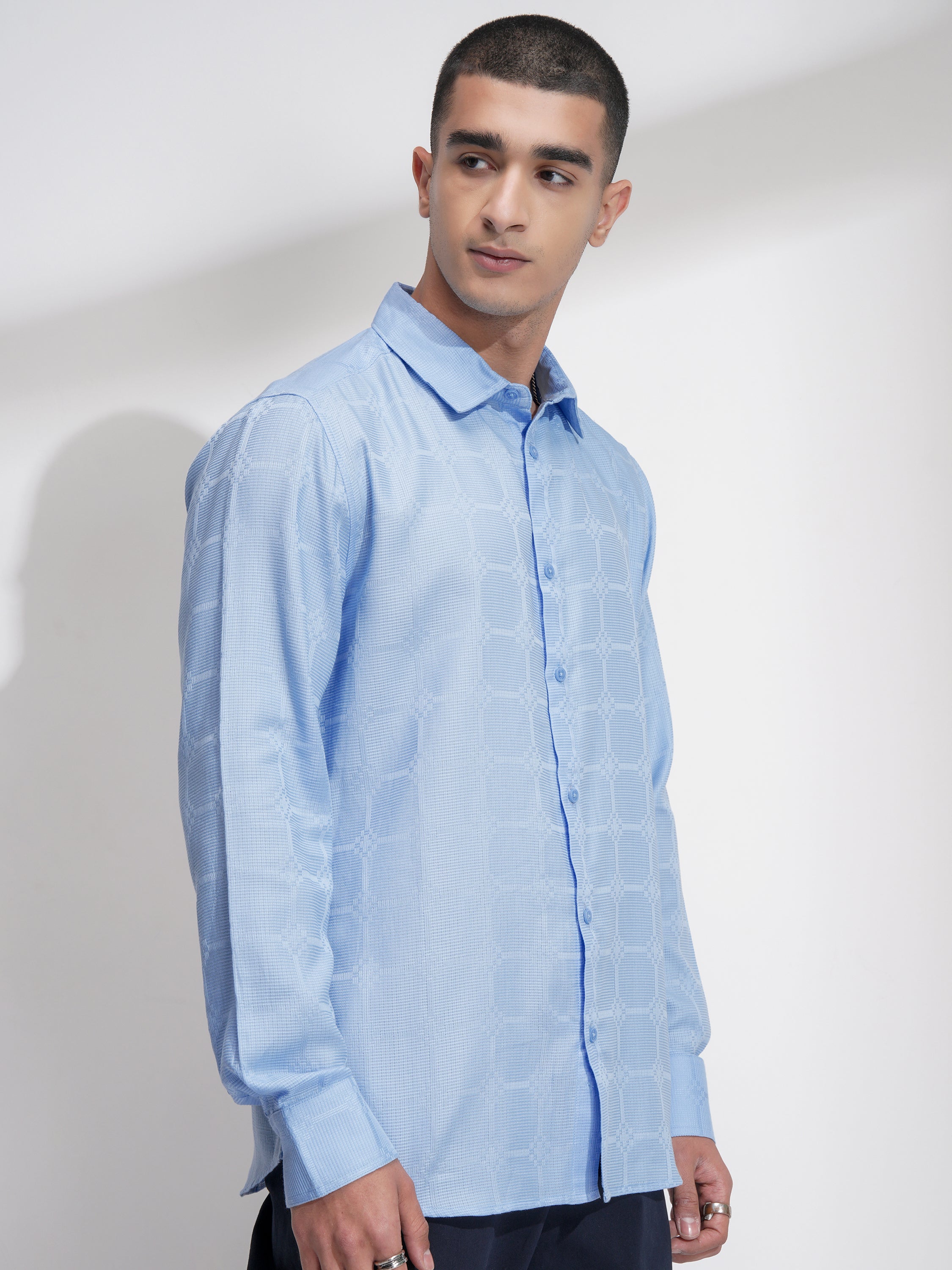 Highlander Men Blue Self Design Slim Fit Casual Shirt - Blue - Image 6