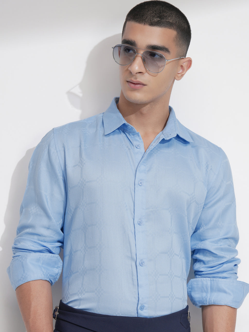 Highlander Men Blue Self Design Slim Fit Casual Shirt - Blue - Image 1