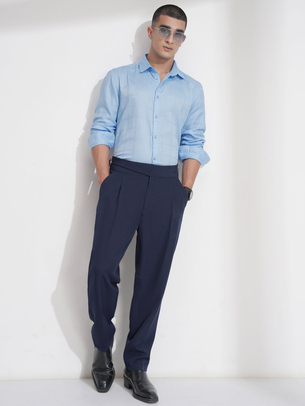 Highlander Men Blue Self Design Slim Fit Casual Shirt - Blue - Image 2