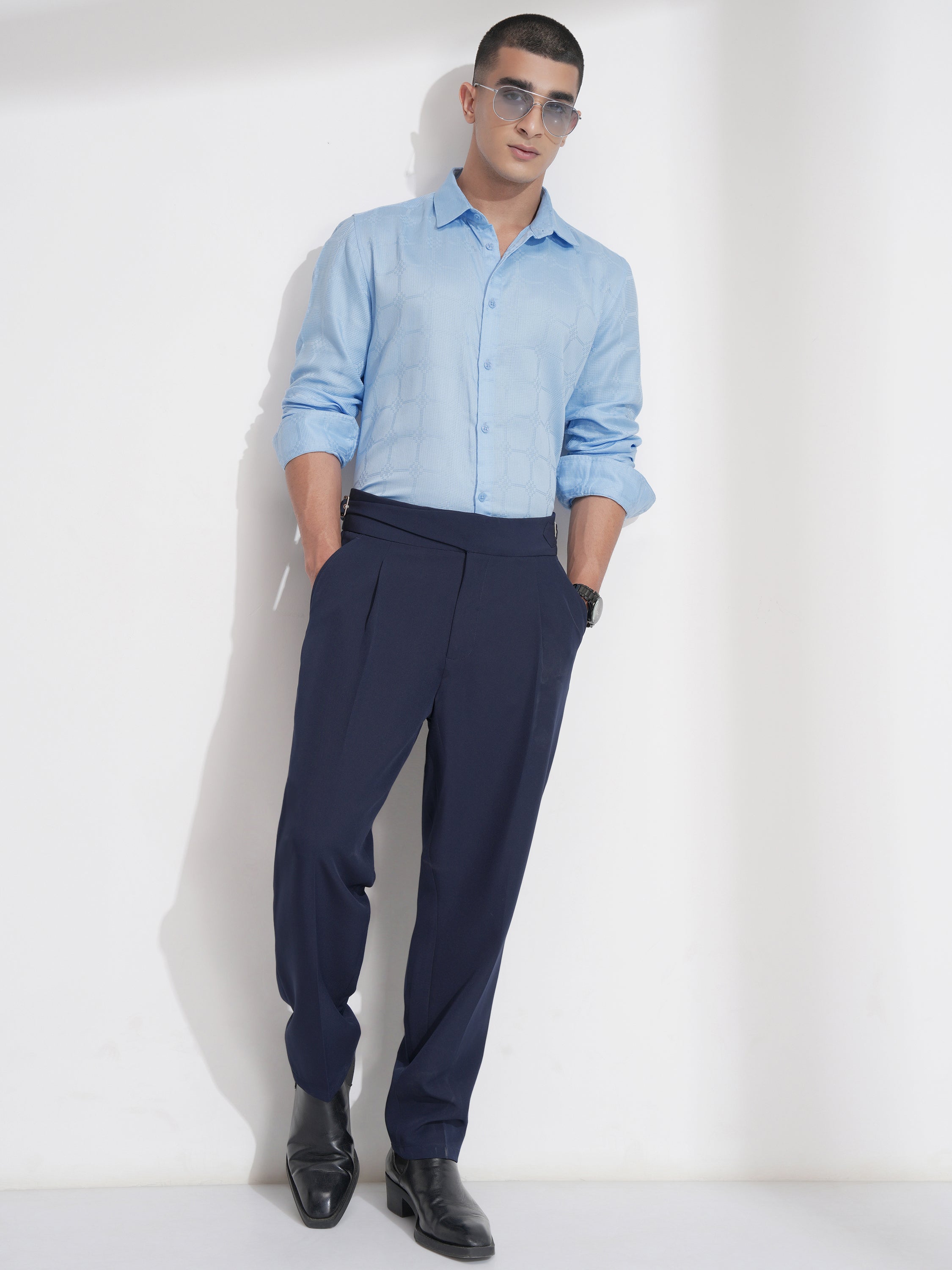 Highlander Men Blue Self Design Slim Fit Casual Shirt - Blue - Image 2