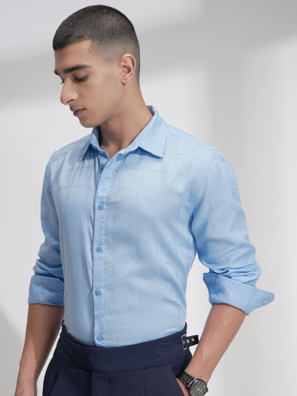 Highlander Men Blue Self Design Slim Fit Casual Shirt - Blue - Image 4