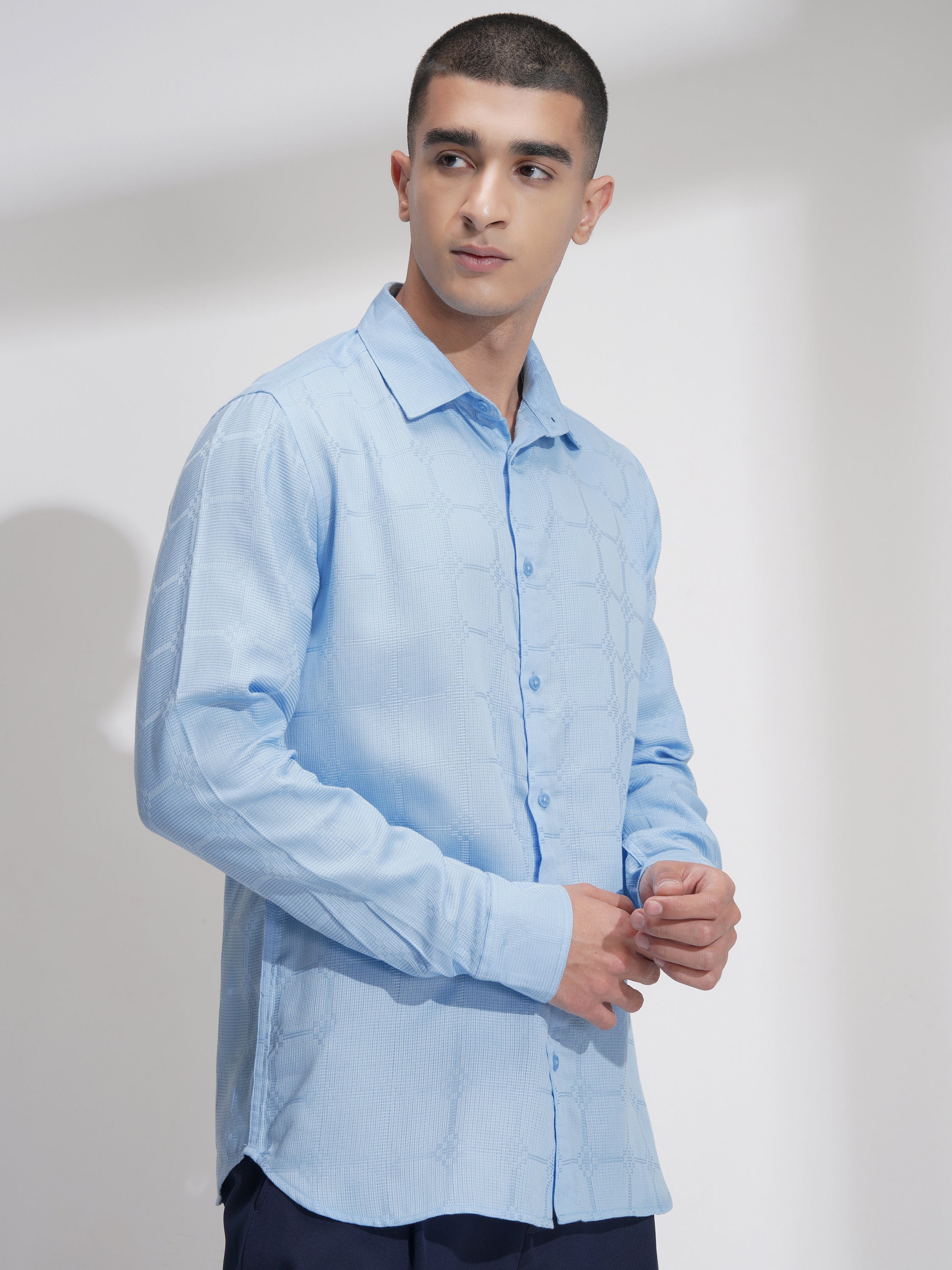 Highlander Men Blue Self Design Slim Fit Casual Shirt - Blue - Image 6
