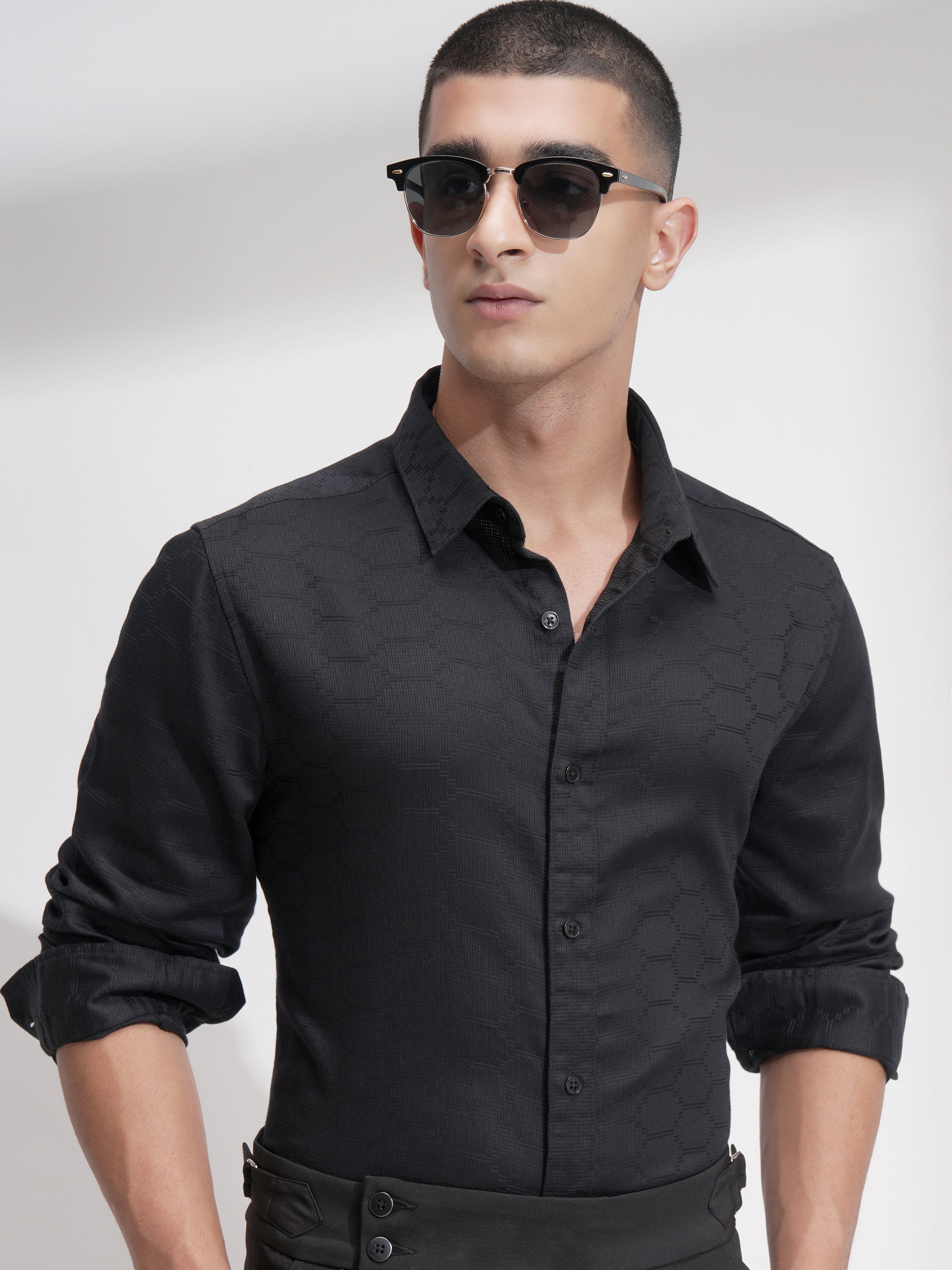 Highlander Men Black Self Design Slim Fit Casual Shirt - Black - Image 1