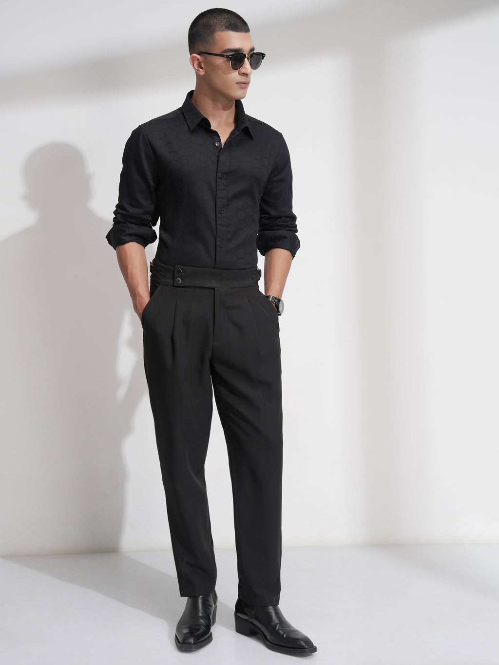 Highlander Men Black Self Design Slim Fit Casual Shirt - Black - Image 2