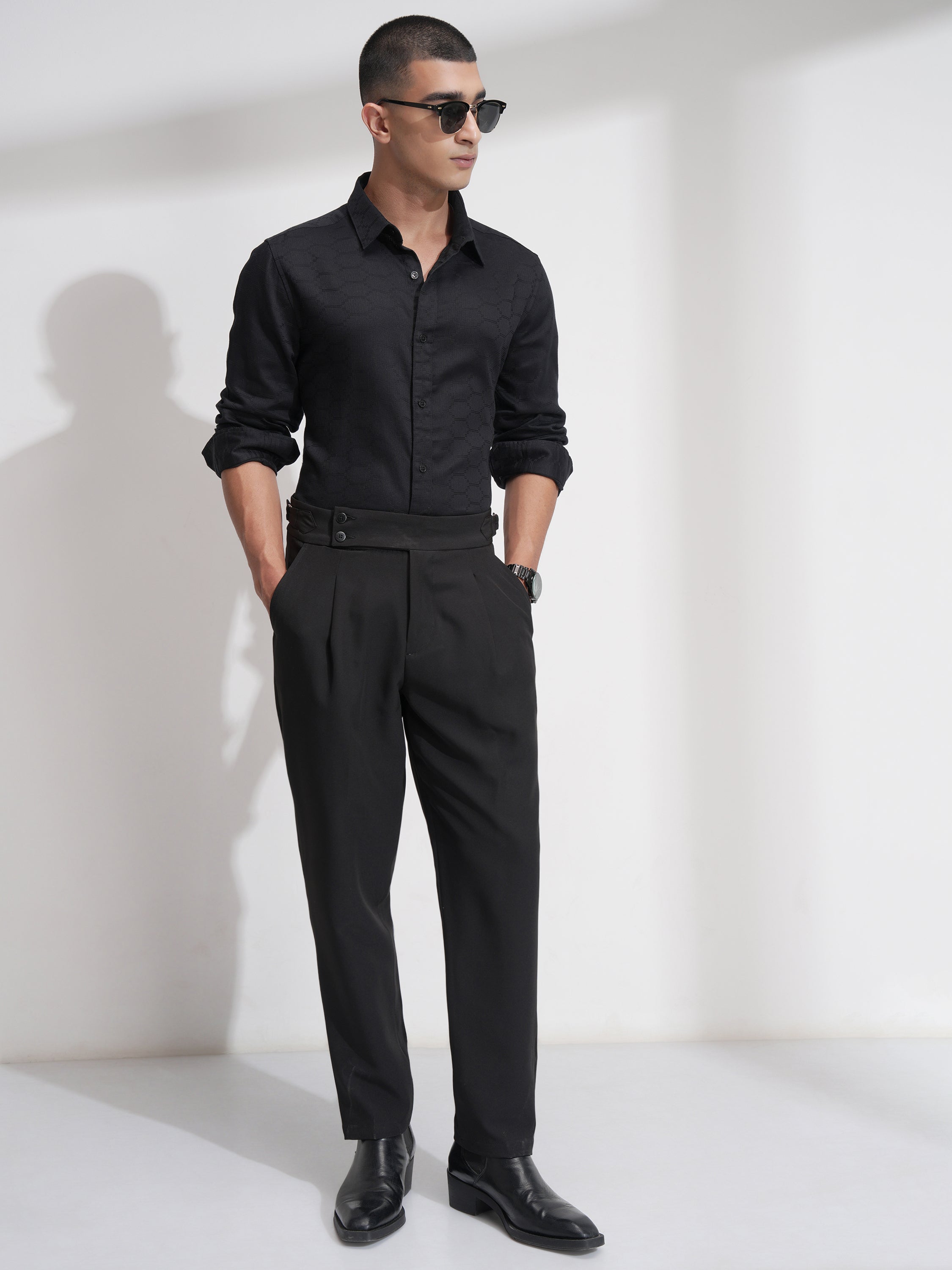 Highlander Men Black Self Design Slim Fit Casual Shirt - Black - Image 2