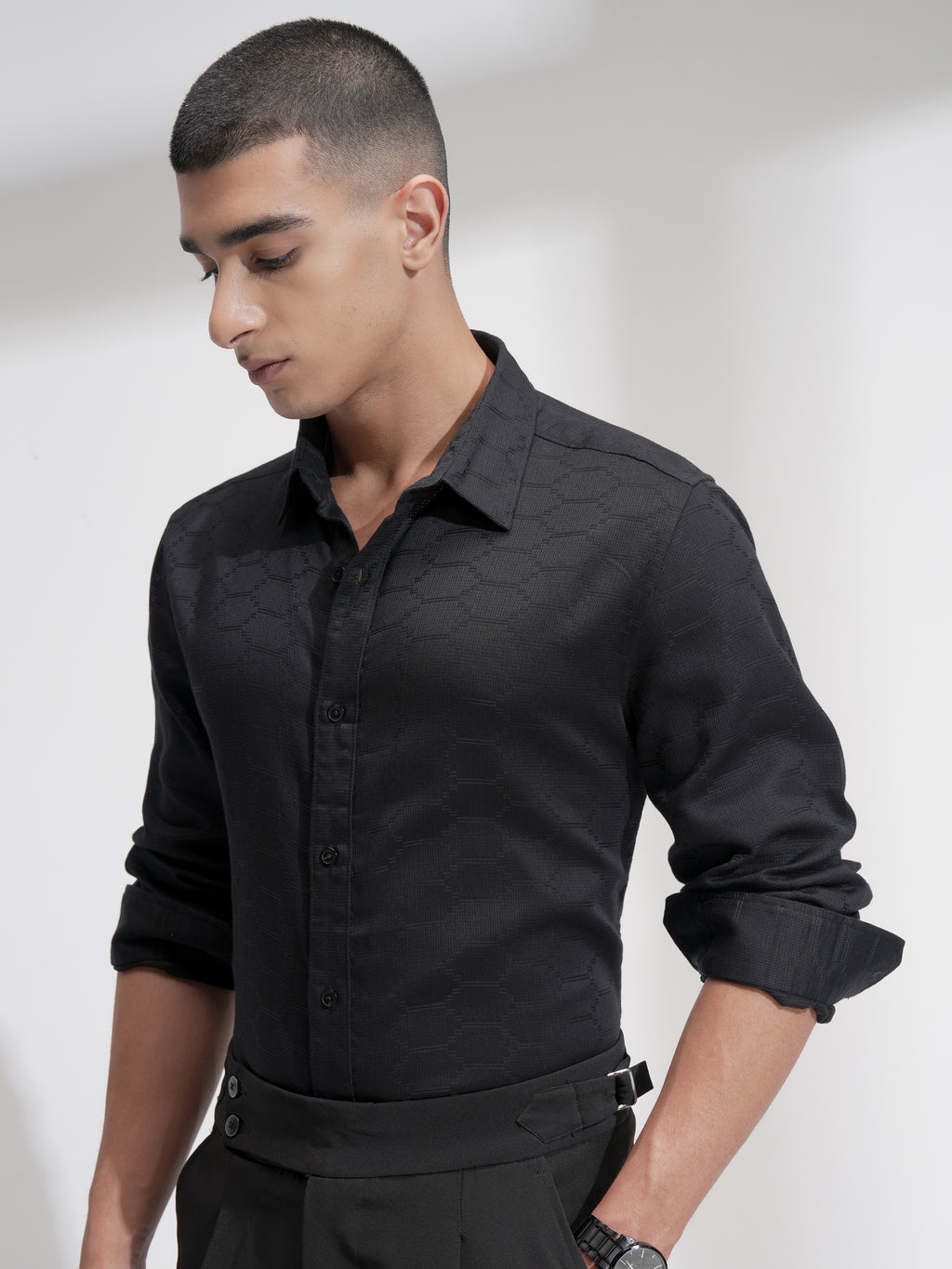 Highlander Men Black Self Design Slim Fit Casual Shirt - Black - Image 4