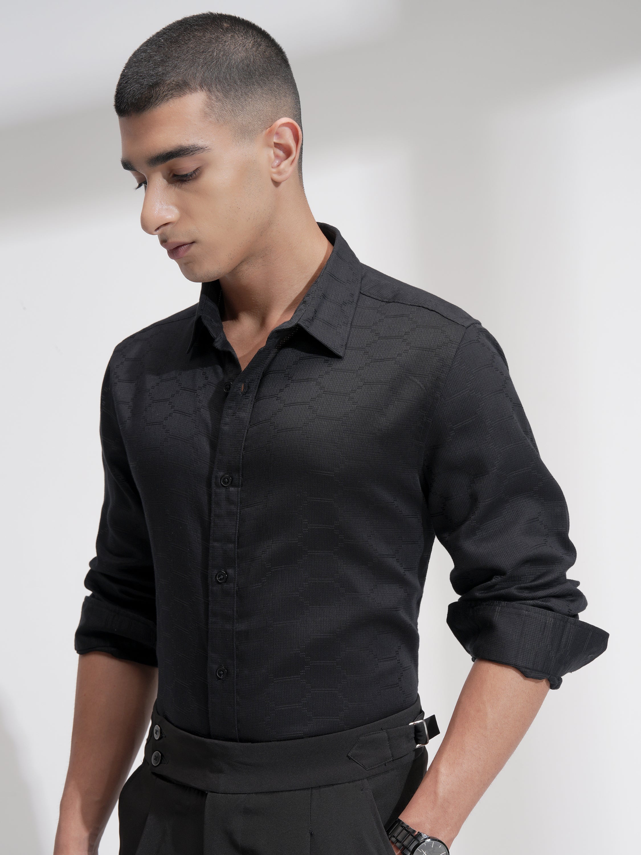 Highlander Men Black Self Design Slim Fit Casual Shirt - Black - Image 4