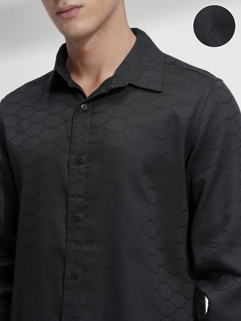 Highlander Men Black Self Design Slim Fit Casual Shirt - Black - Image 5