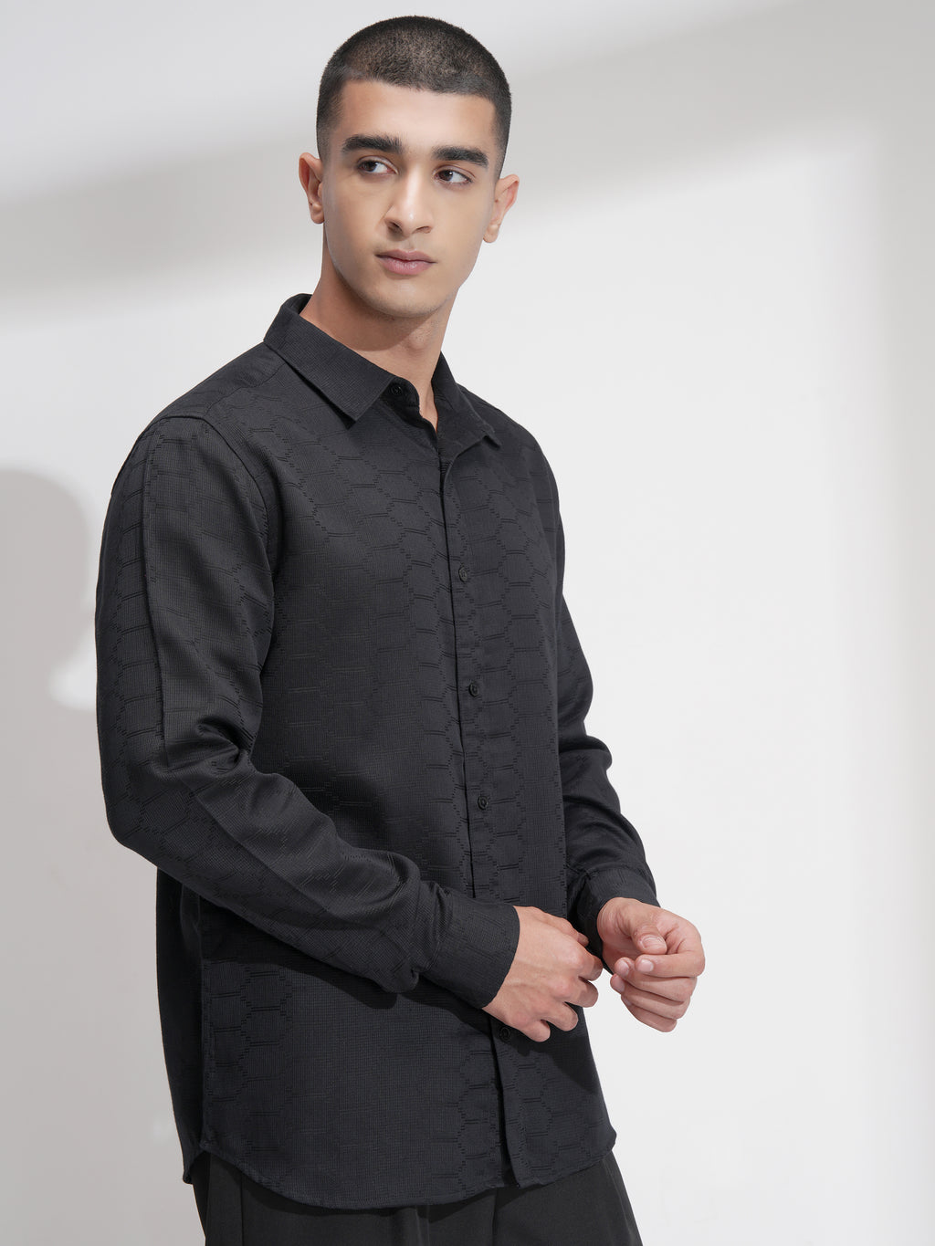 Highlander Men Black Self Design Slim Fit Casual Shirt - Black - Image 6
