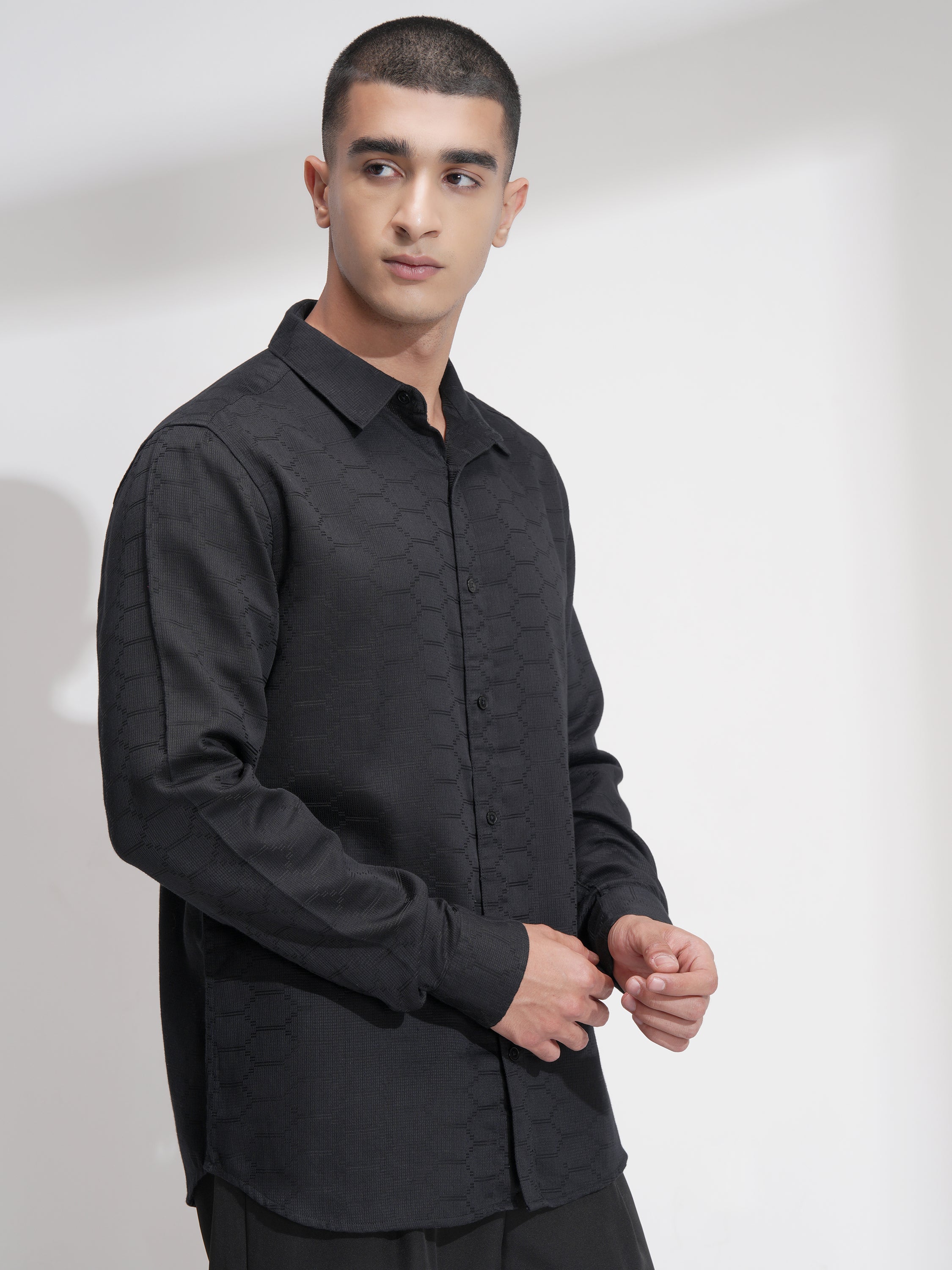 Highlander Men Black Self Design Slim Fit Casual Shirt - Black - Image 6