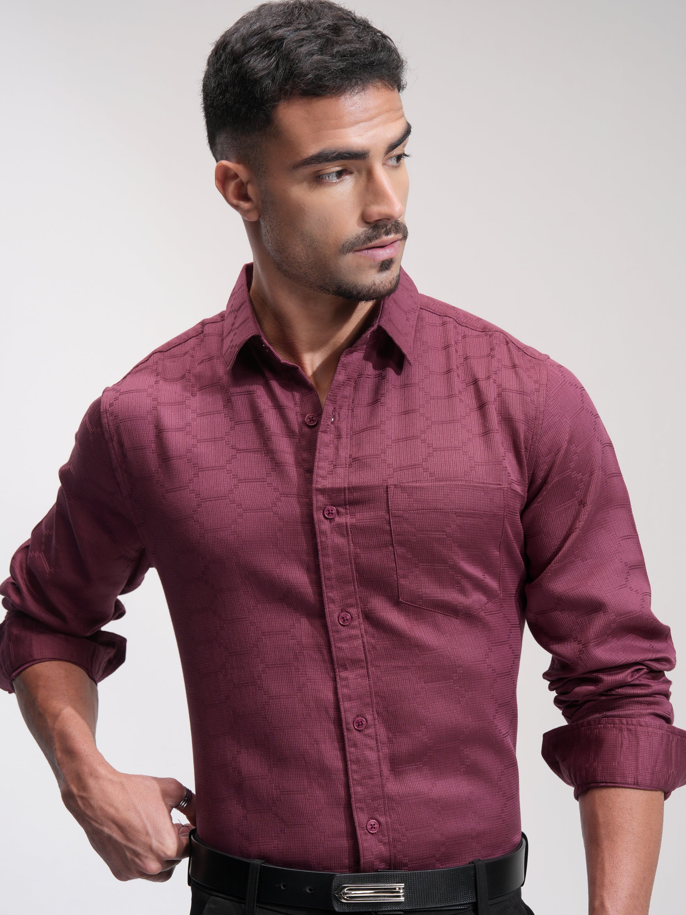 Highlander Men Burgundy Textured Slim Fit Casual Shirt - Burgundy - Image 1