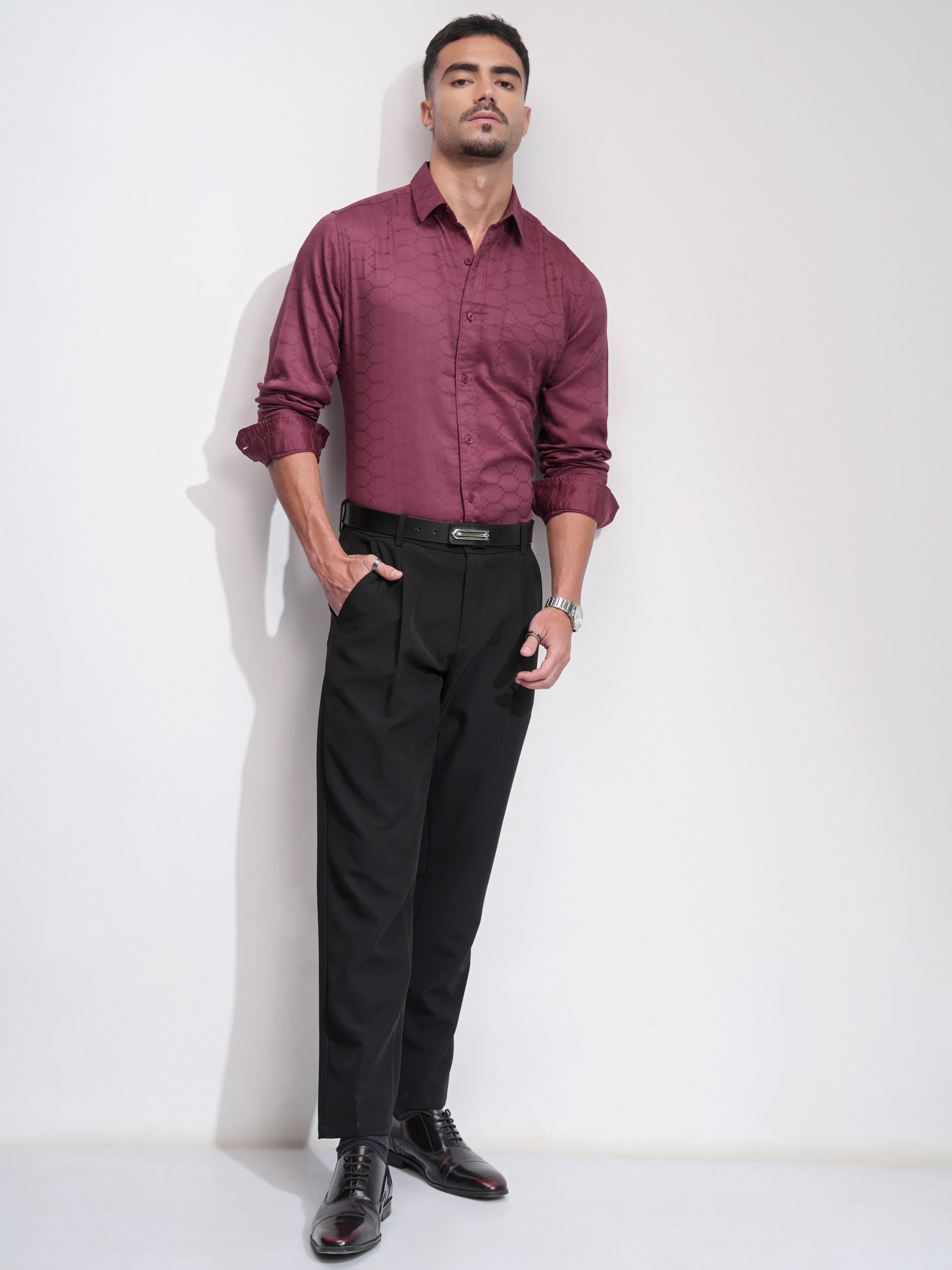 Highlander Men Burgundy Textured Slim Fit Casual Shirt - Burgundy - Image 2