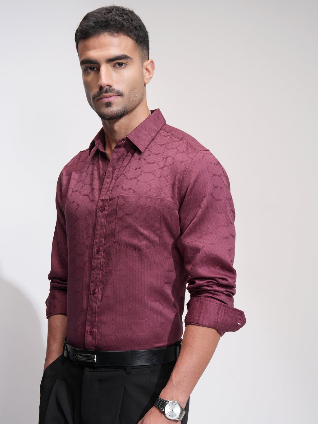 Highlander Men Burgundy Textured Slim Fit Casual Shirt - Burgundy - Image 4