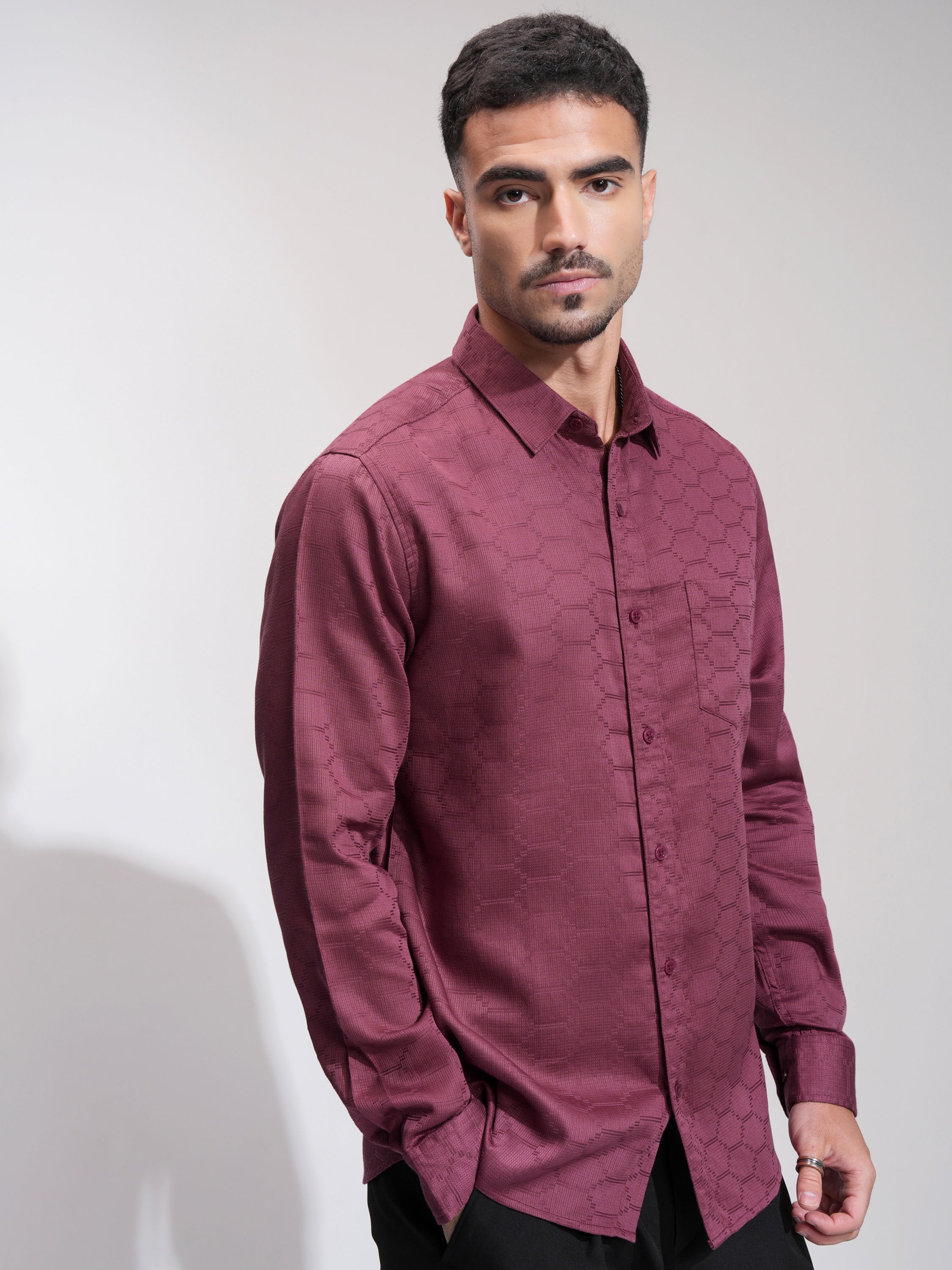 Highlander Men Burgundy Textured Slim Fit Casual Shirt - Burgundy - Image 6
