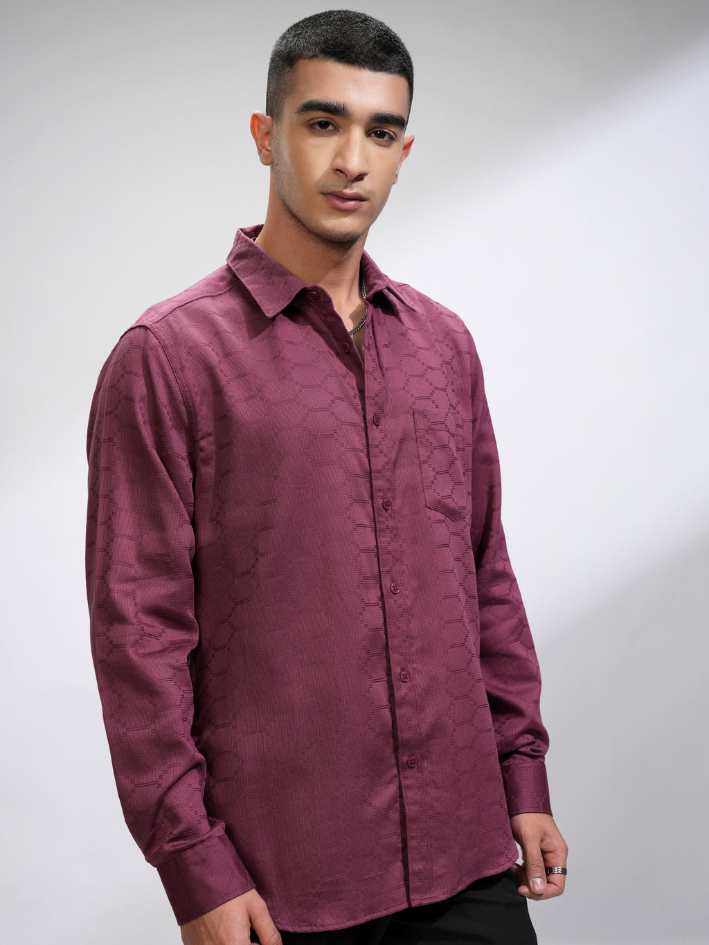 Highlander Men Pink Textured Slim Fit Casual Shirt - Pink - Image 6