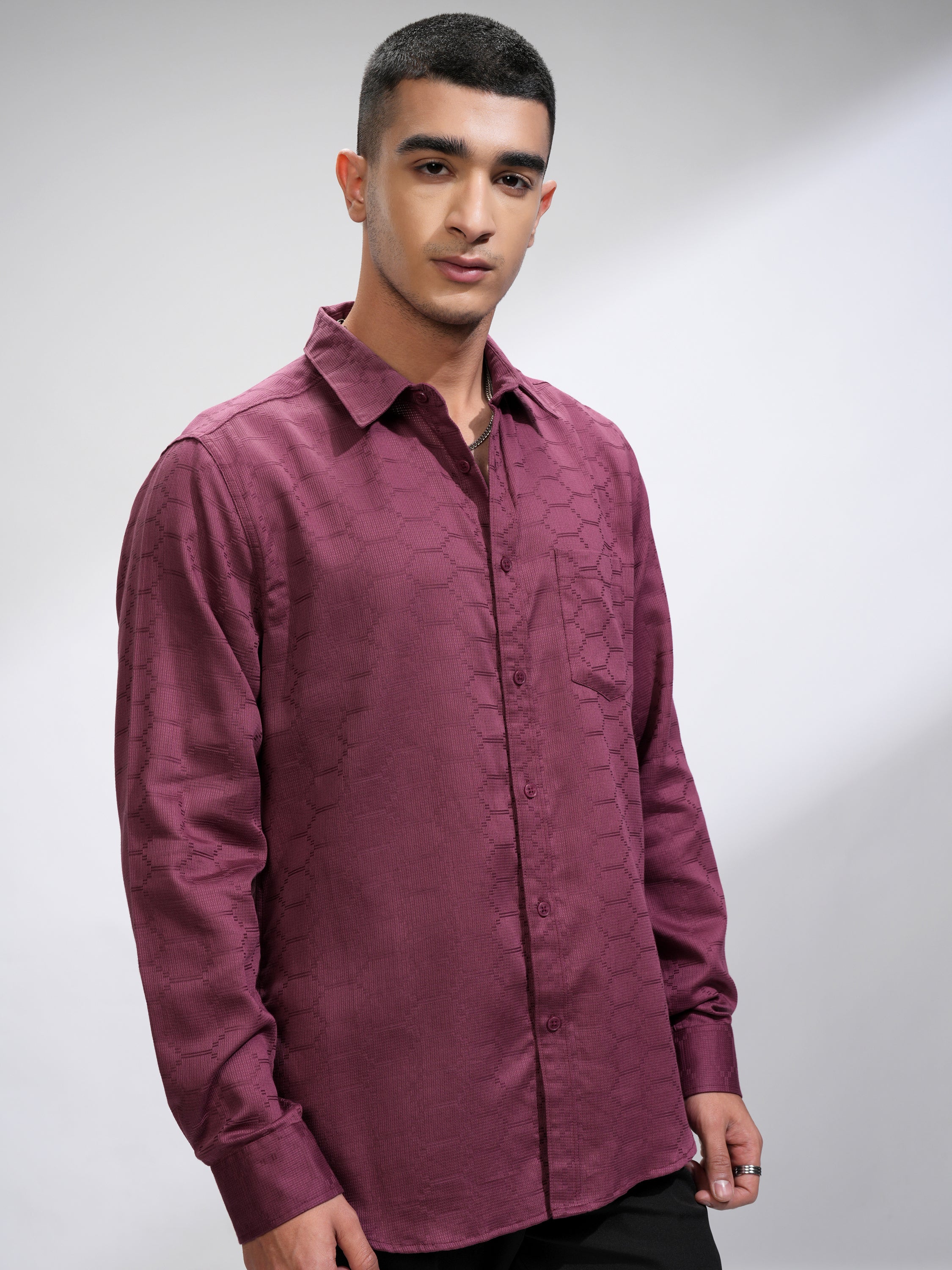 Highlander Men Pink Textured Slim Fit Casual Shirt - Pink - Image 6
