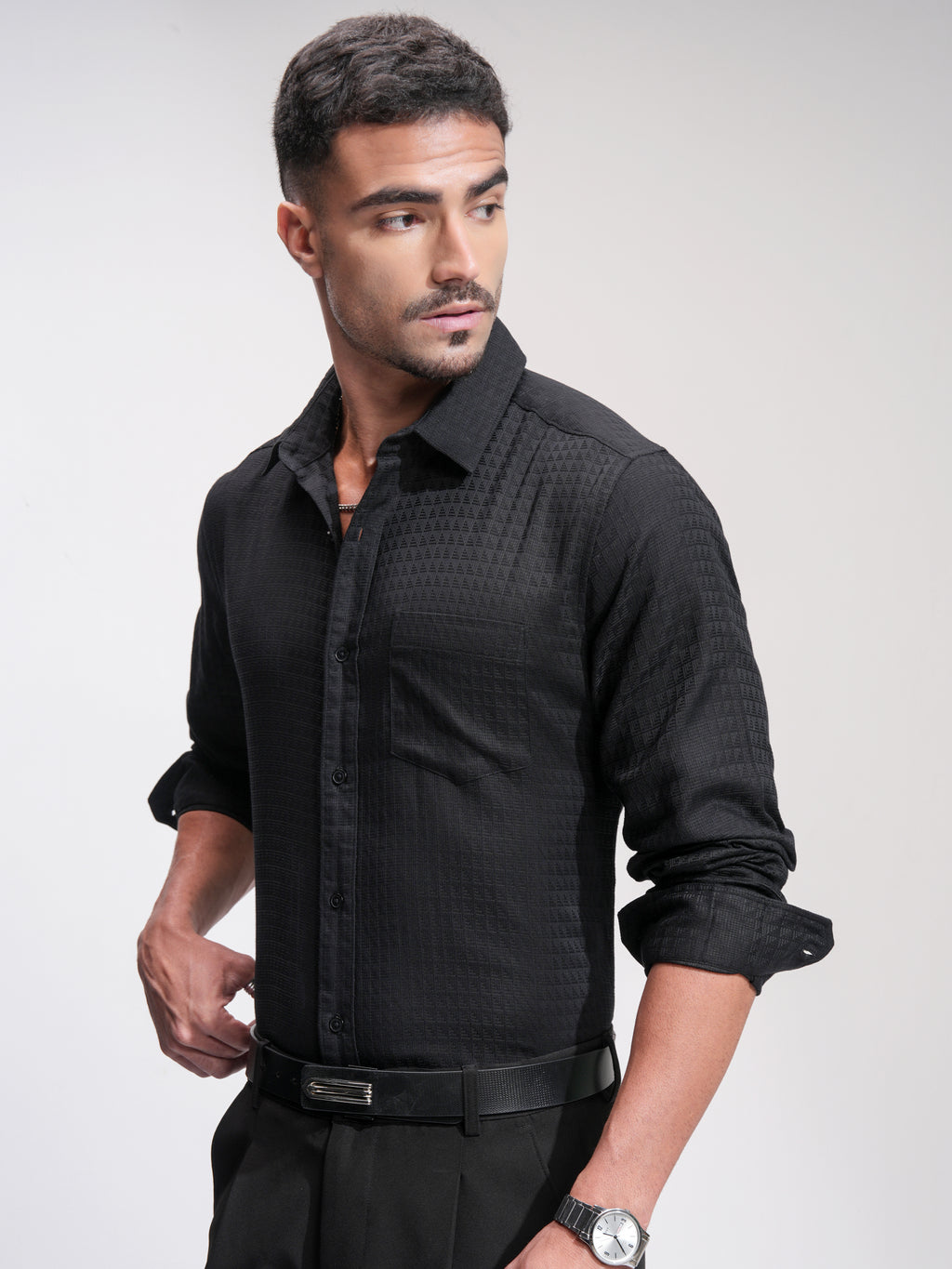 Highlander Men Black Textured Slim Fit Casual Shirt - Black - Image 4