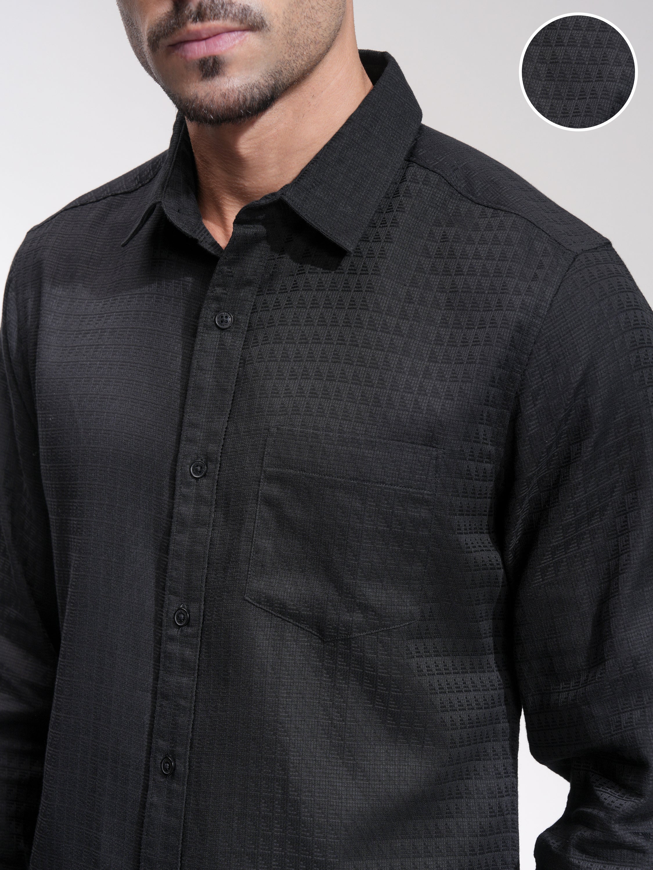 Highlander Men Black Textured Slim Fit Casual Shirt - Black - Image 5