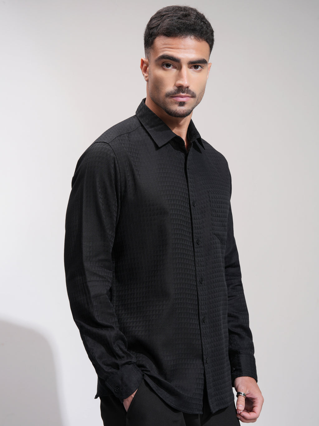 Highlander Men Black Textured Slim Fit Casual Shirt - Black - Image 6
