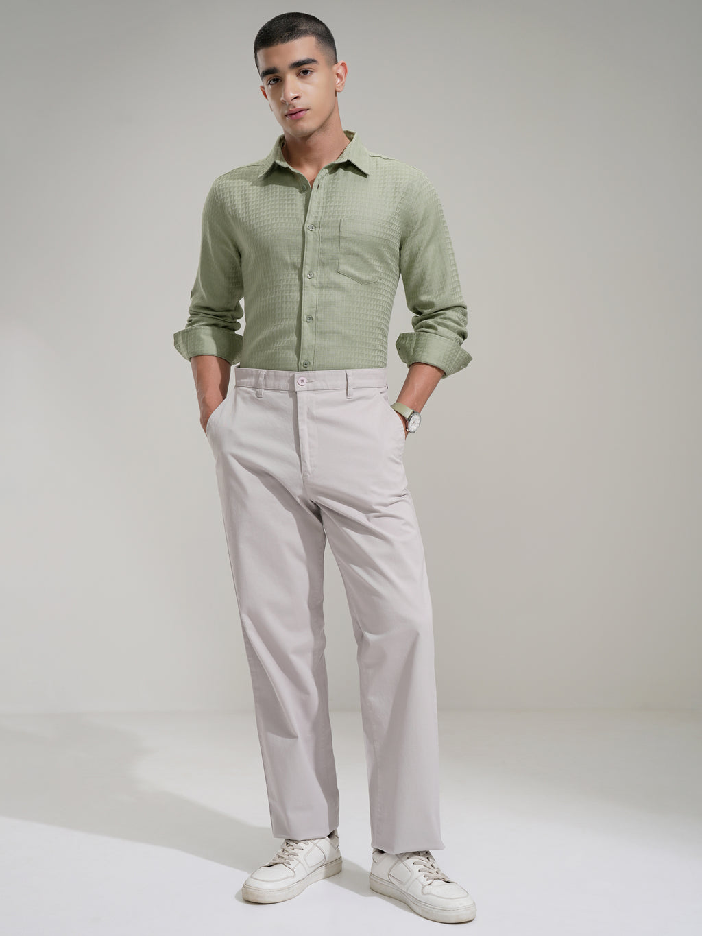 Highlander Men Green Self Design Slim Fit Casual Shirt - Green - Image 2