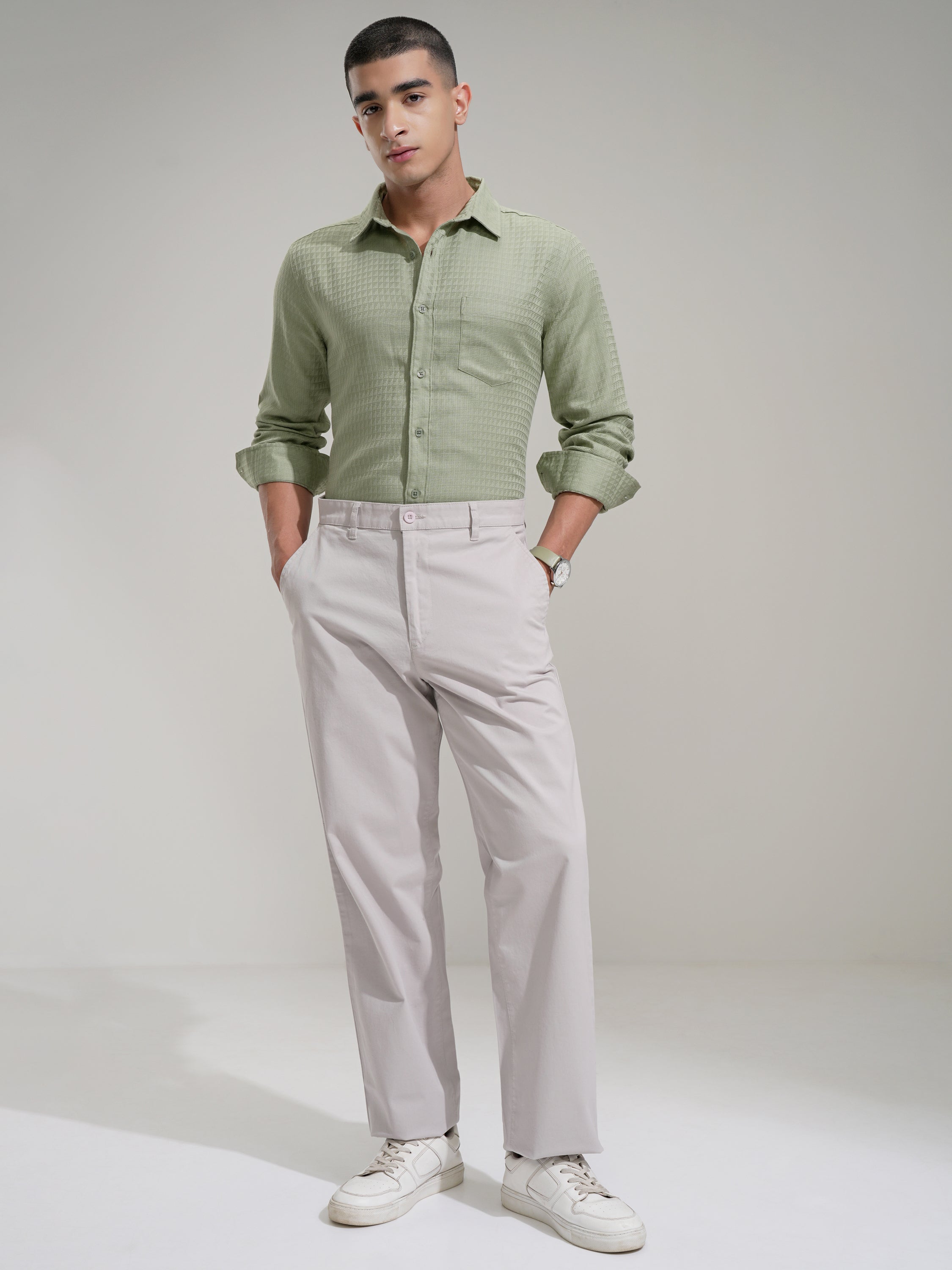 Highlander Men Green Self Design Slim Fit Casual Shirt - Green - Image 2