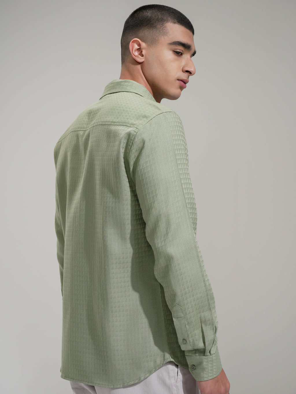 Highlander Men Green Self Design Slim Fit Casual Shirt - Green - Image 3