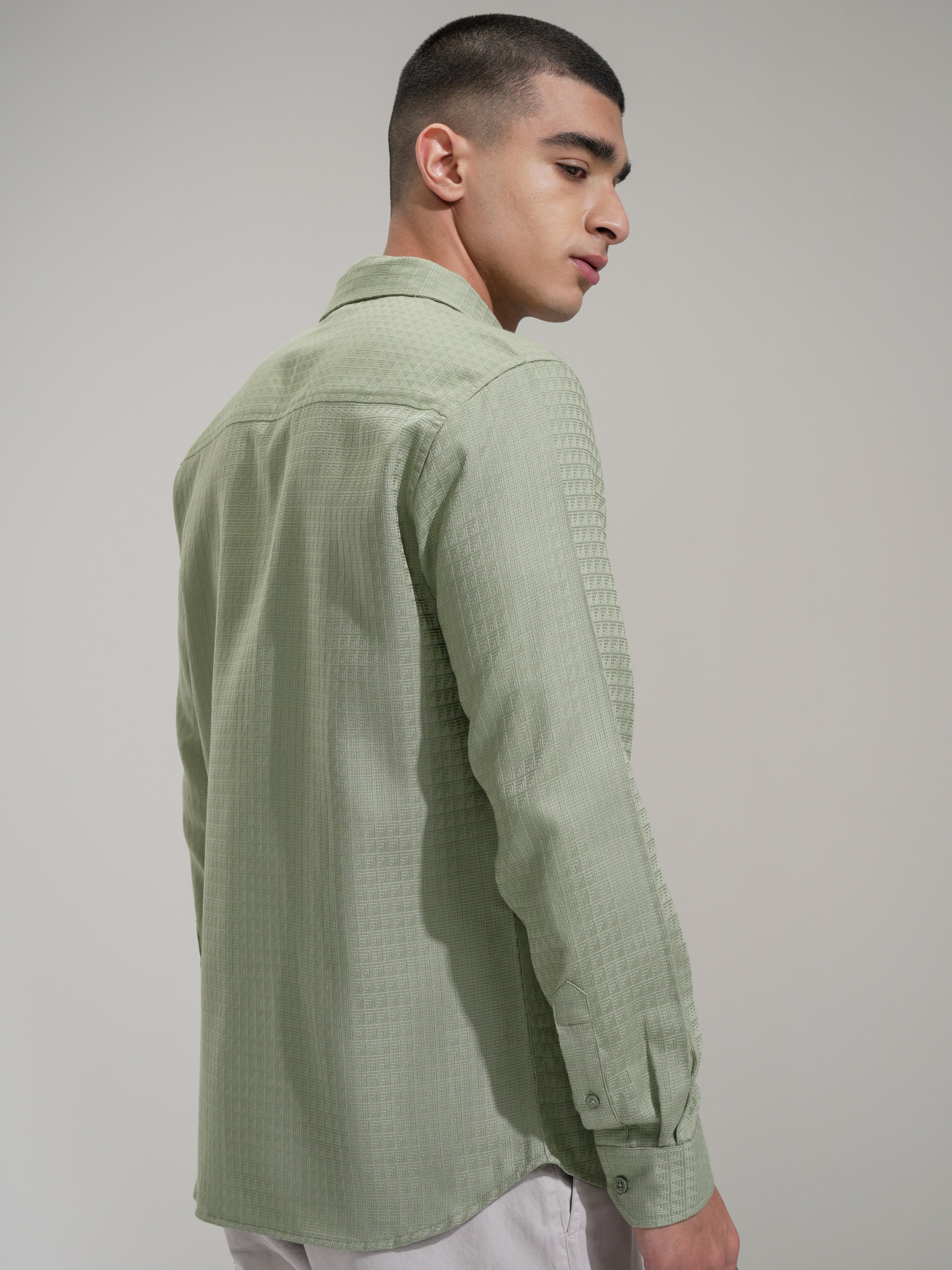 Highlander Men Green Self Design Slim Fit Casual Shirt - Green - Image 3