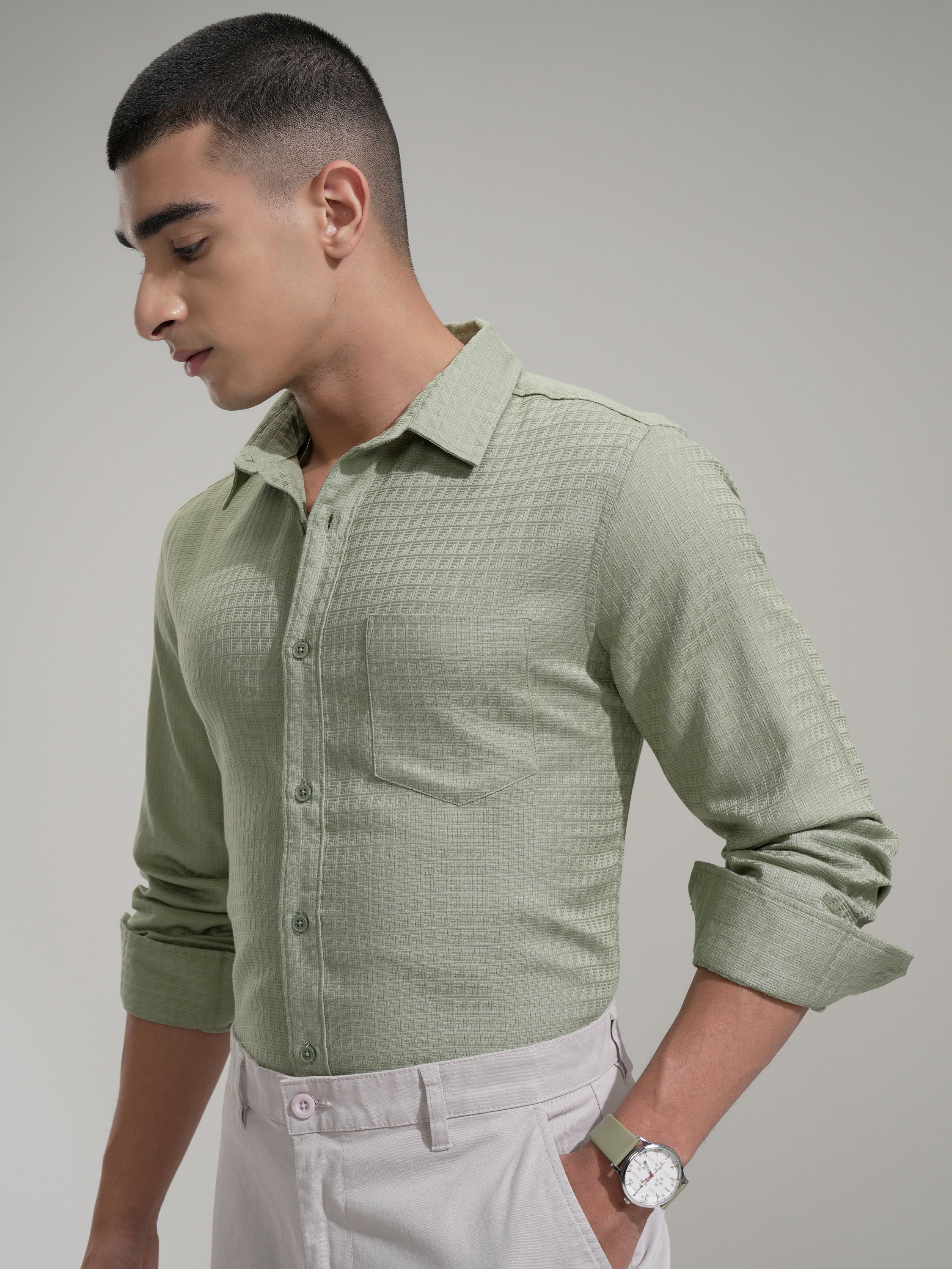 Highlander Men Green Self Design Slim Fit Casual Shirt - Green - Image 4