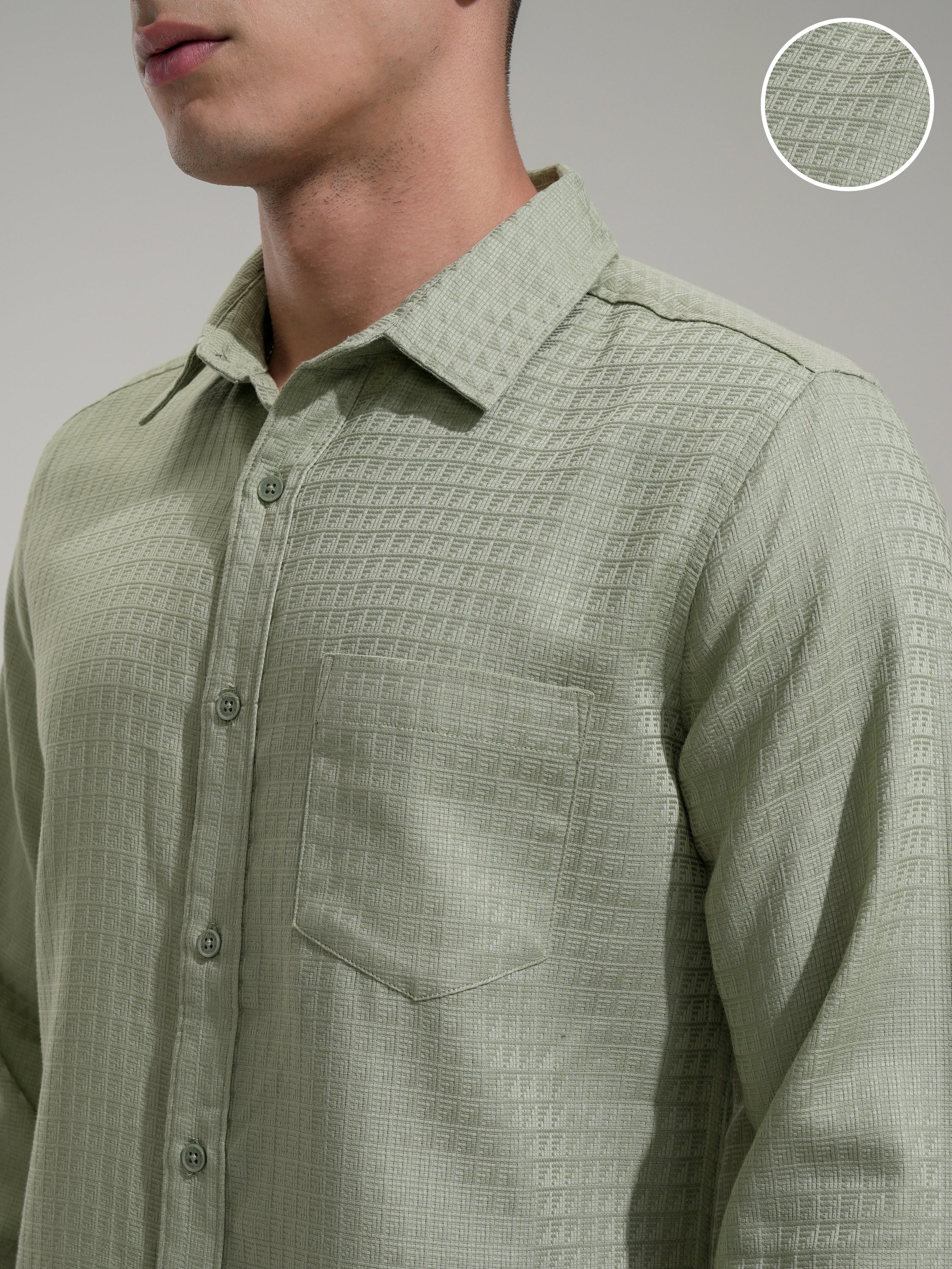 Highlander Men Green Self Design Slim Fit Casual Shirt - Green - Image 5
