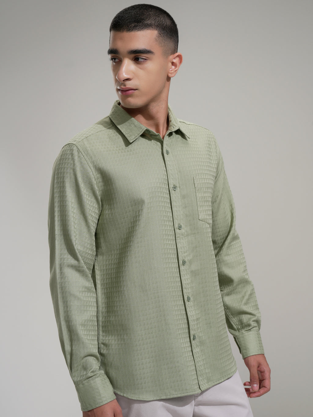 Highlander Men Green Self Design Slim Fit Casual Shirt - Green - Image 6