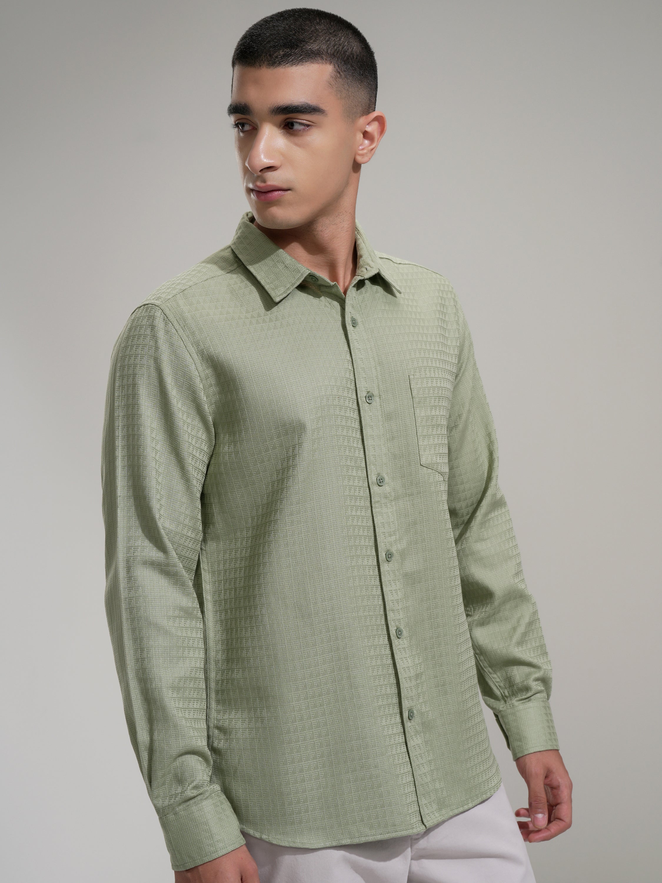 Highlander Men Green Self Design Slim Fit Casual Shirt - Green - Image 6