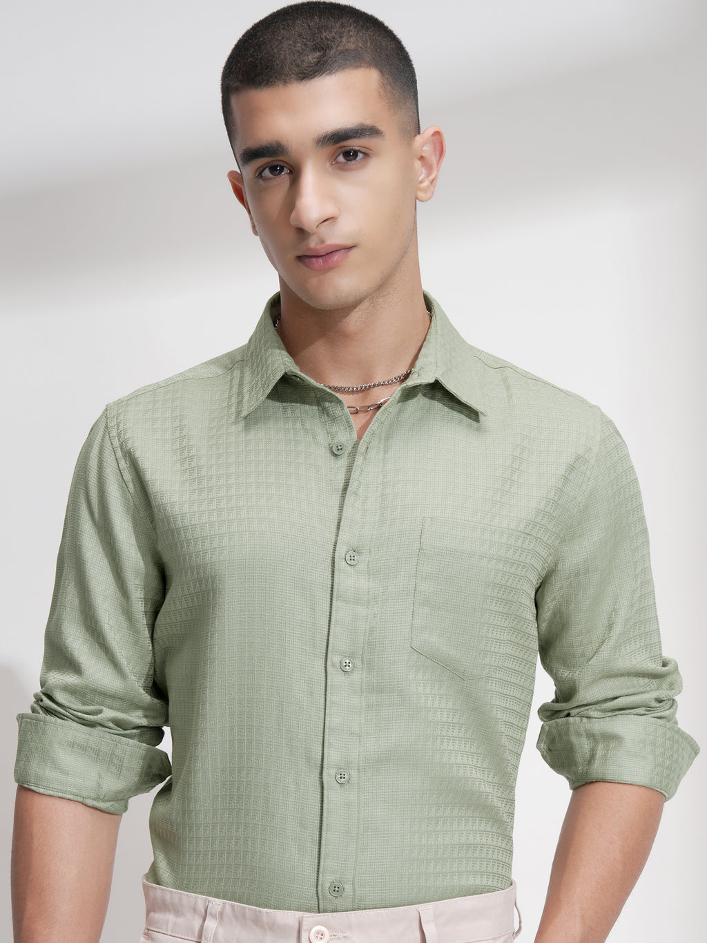 Highlander Men Green Self Design Slim Fit Casual Shirt - Green - Image 1