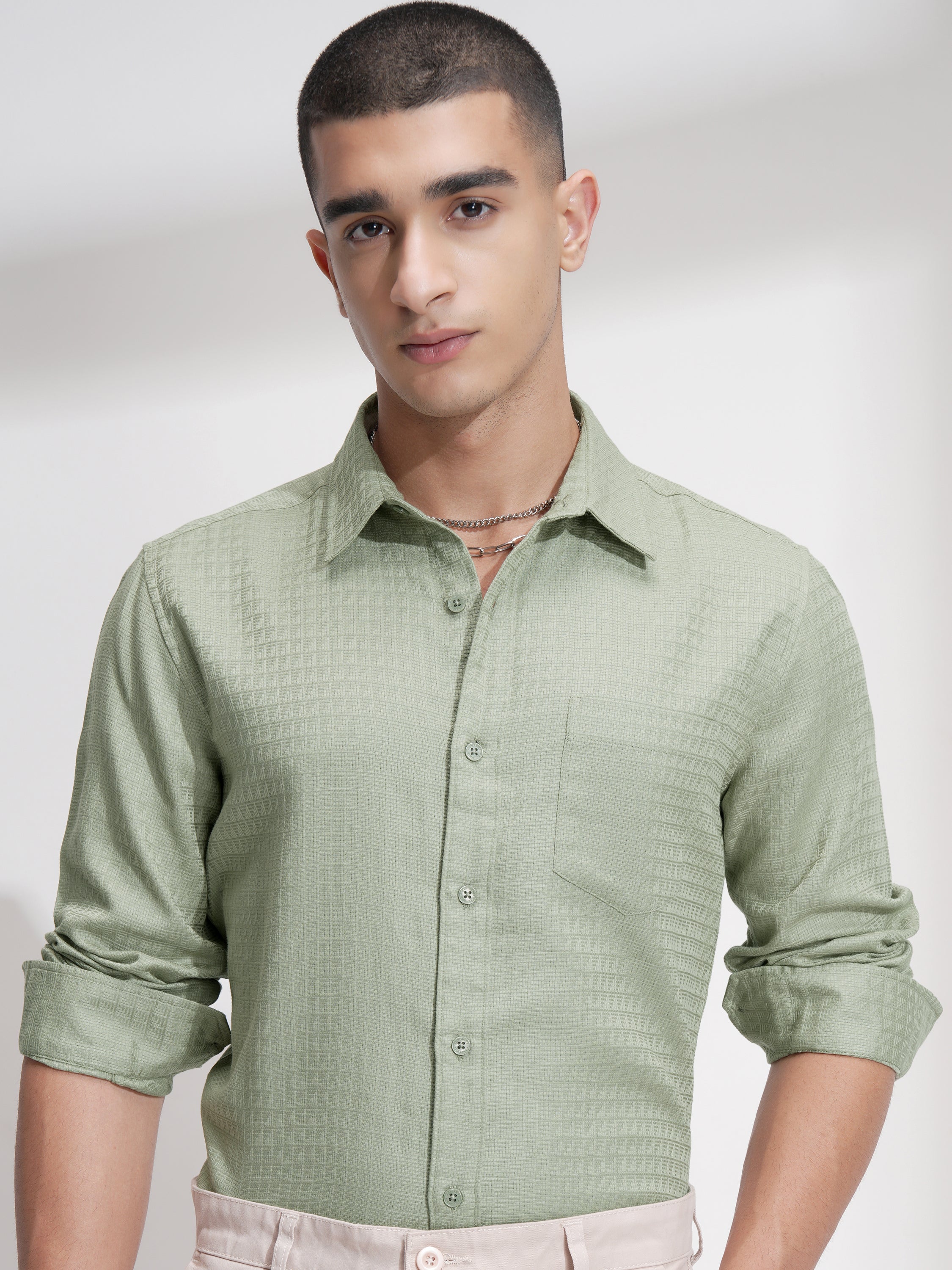 Highlander Men Green Self Design Slim Fit Casual Shirt - Green - Image 1