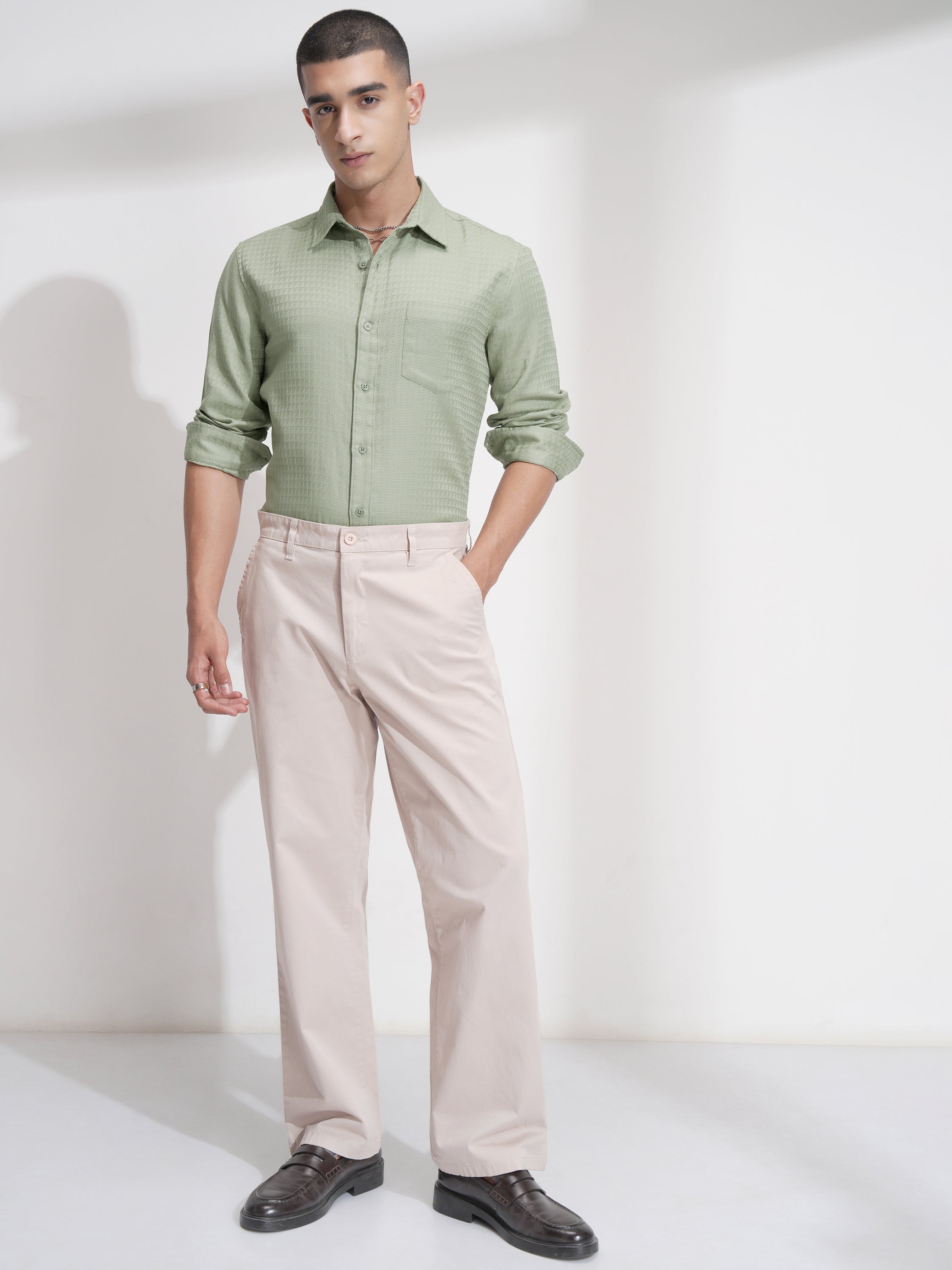 Highlander Men Green Self Design Slim Fit Casual Shirt - Green - Image 2