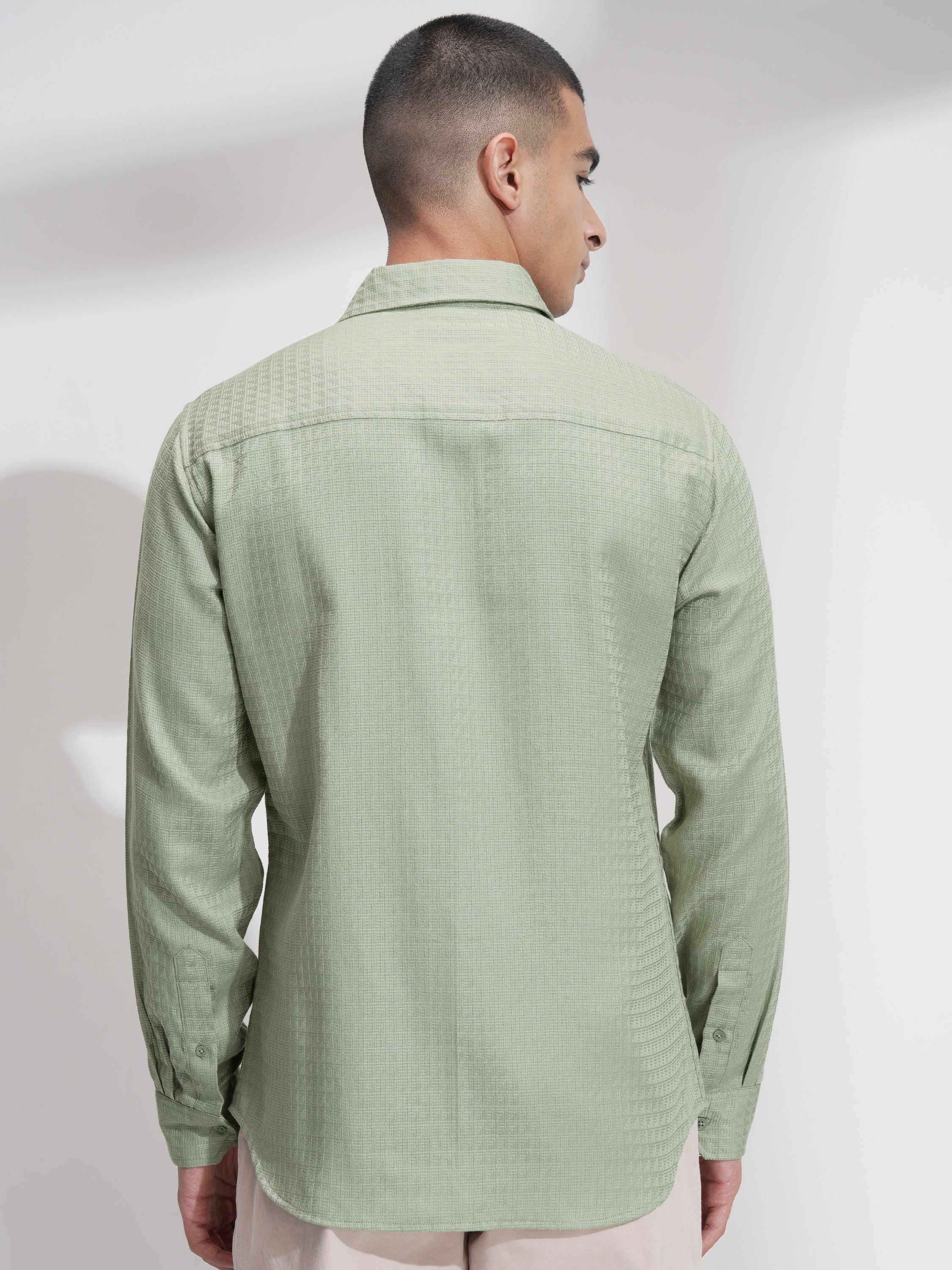 Highlander Men Green Self Design Slim Fit Casual Shirt - Green - Image 3