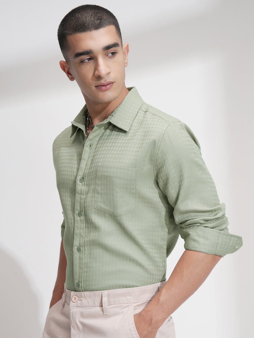 Highlander Men Green Self Design Slim Fit Casual Shirt - Green - Image 4