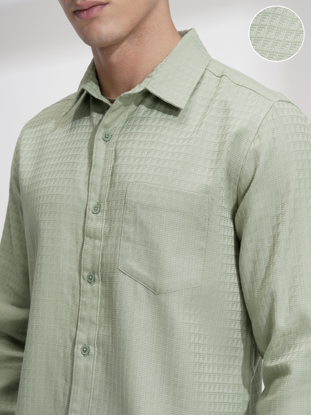 Highlander Men Green Self Design Slim Fit Casual Shirt - Green - Image 5