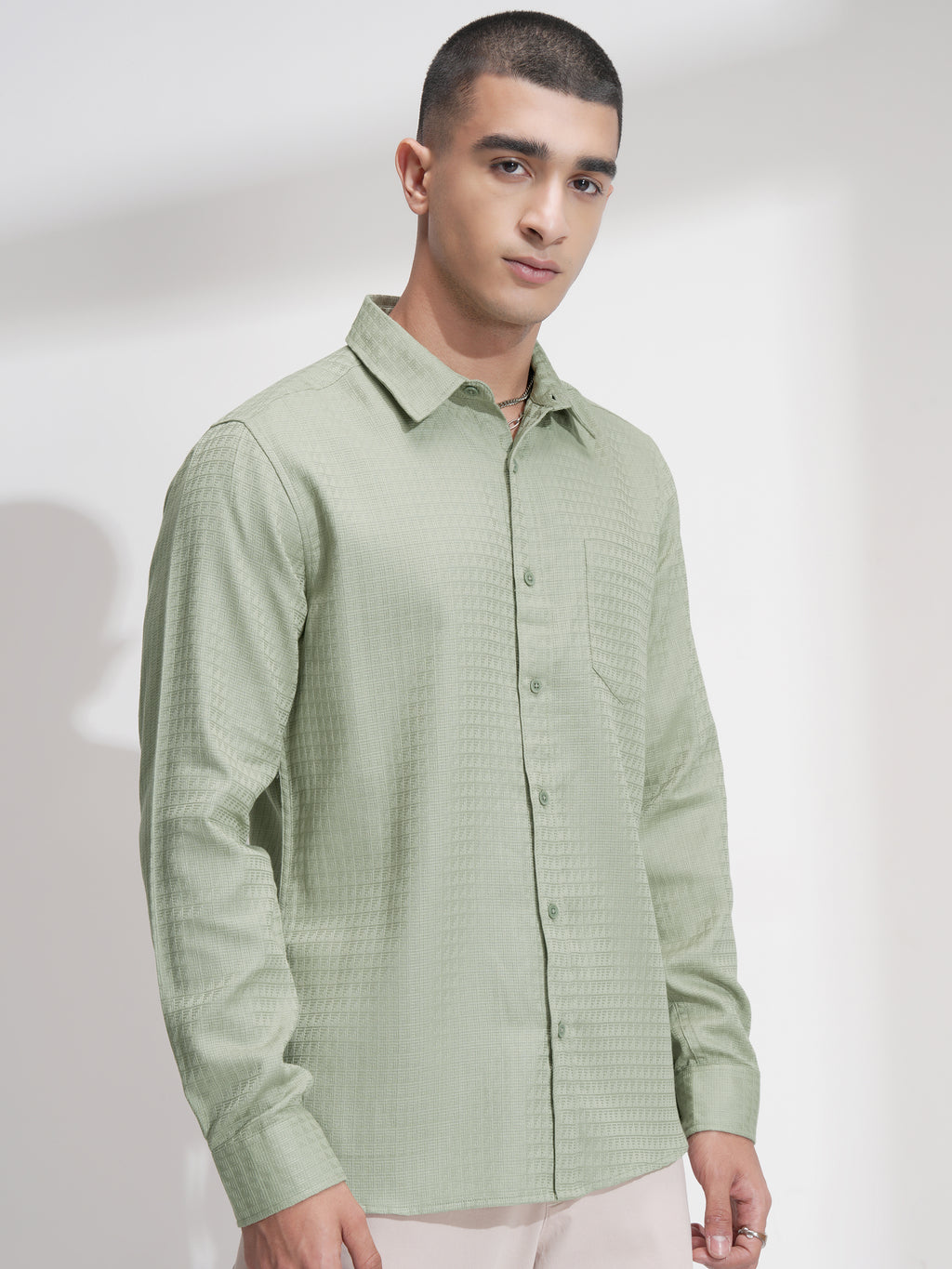 Highlander Men Green Self Design Slim Fit Casual Shirt - Green - Image 6