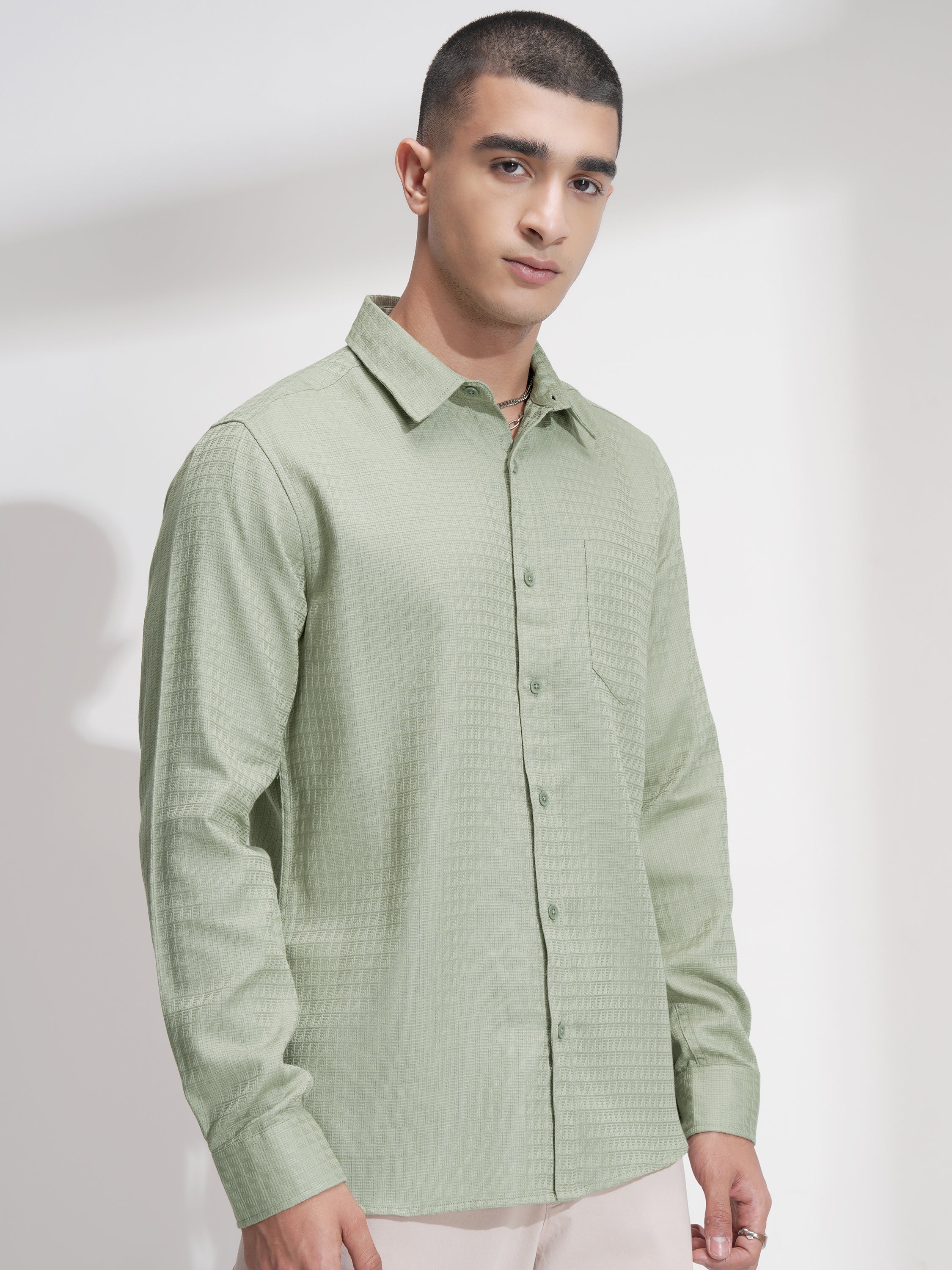 Highlander Men Green Self Design Slim Fit Casual Shirt - Green - Image 6