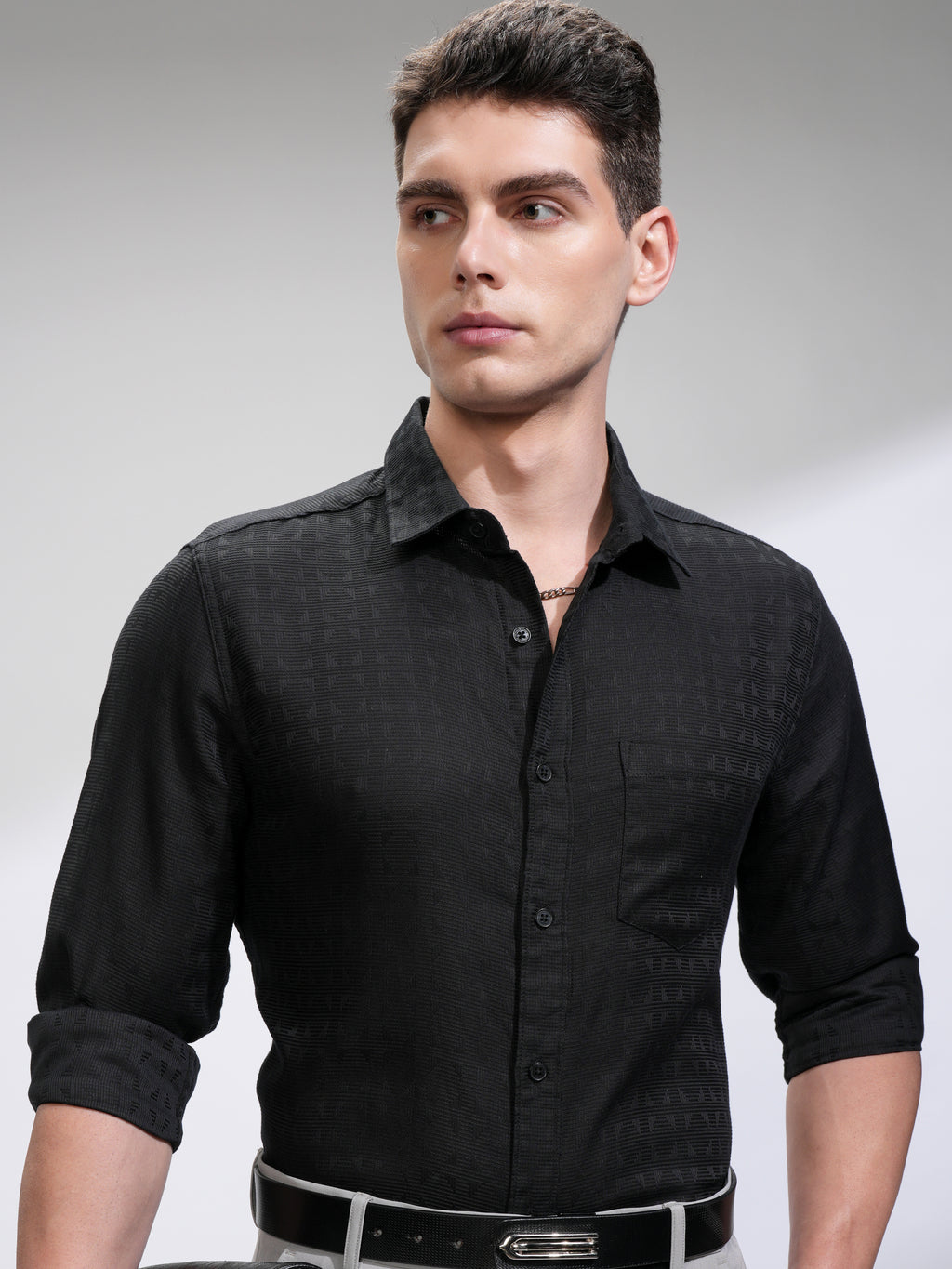 Highlander Men Black Self Design Slim Fit Casual Shirt - Black - Image 1