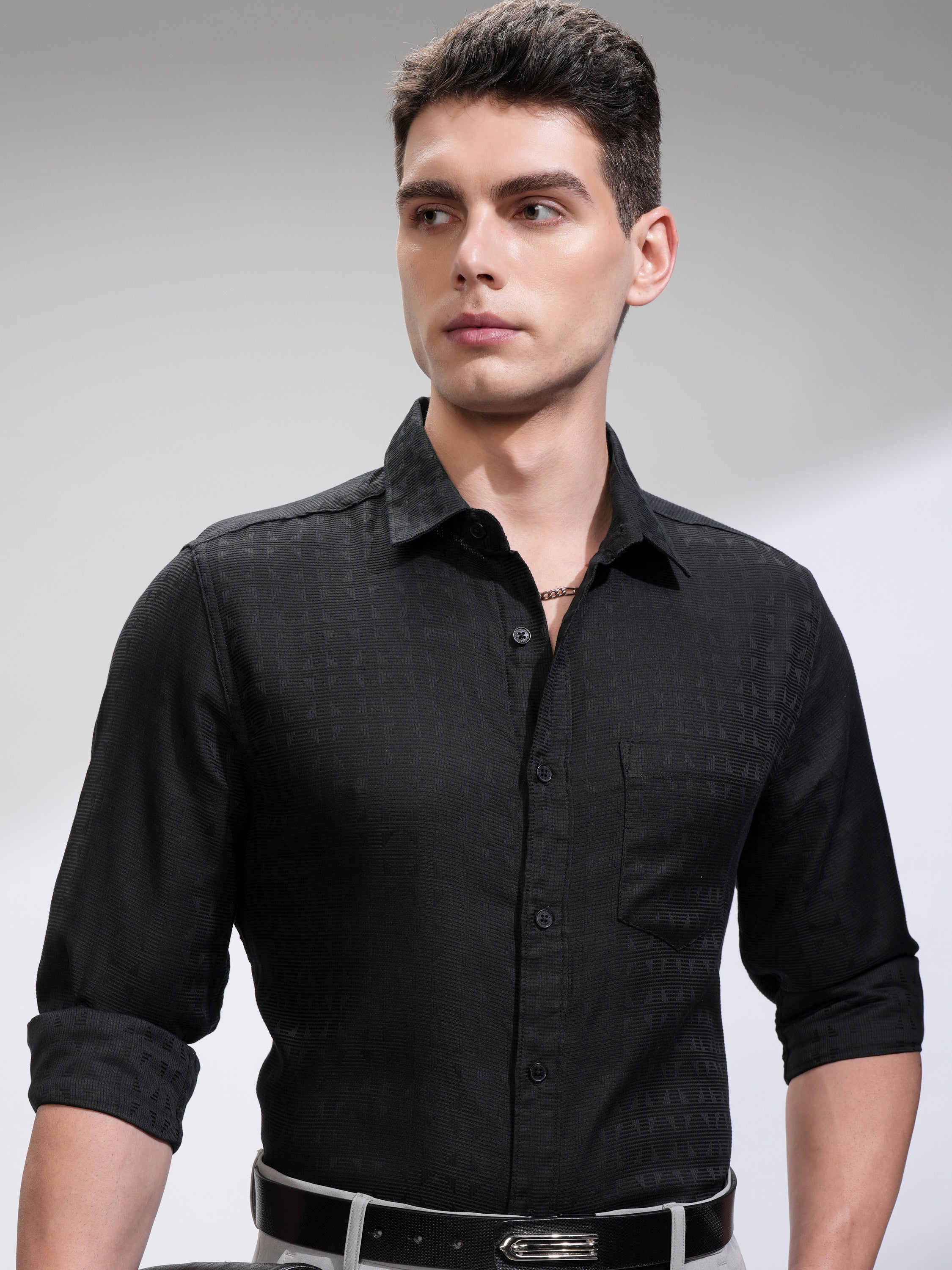 Highlander Men Black Self Design Slim Fit Casual Shirt - Black - Image 1