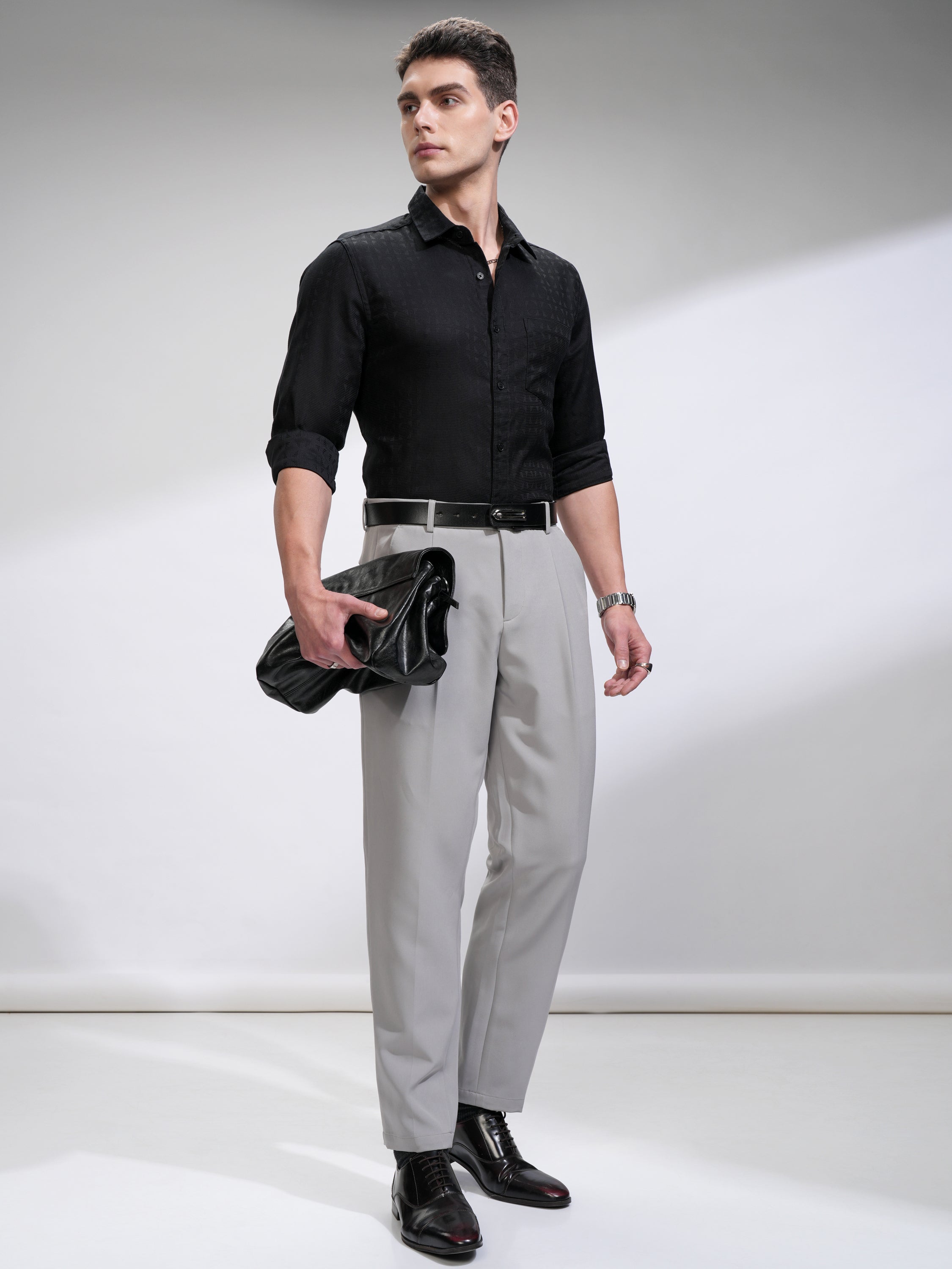 Highlander Men Black Self Design Slim Fit Casual Shirt - Black - Image 2