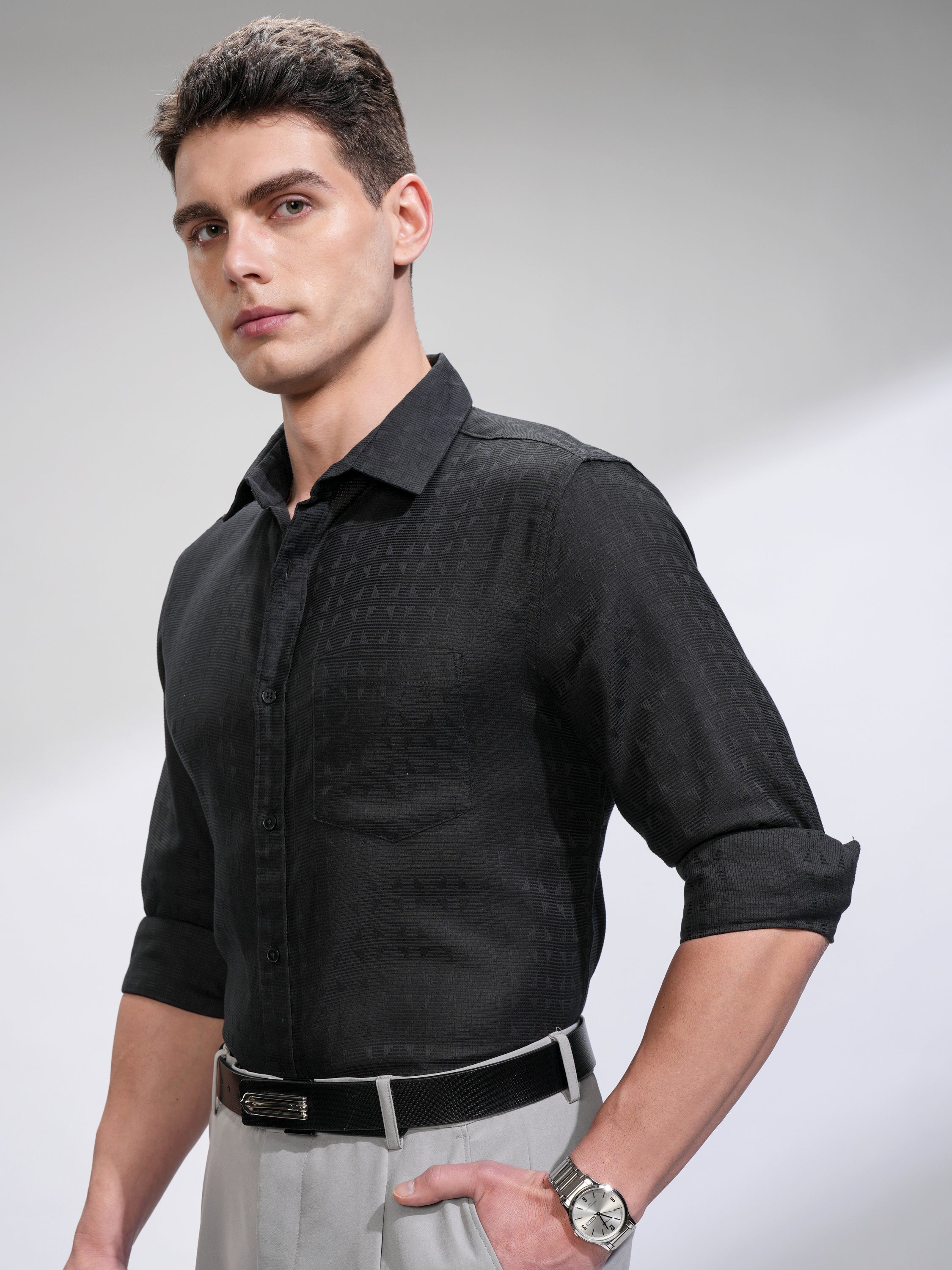Highlander Men Black Self Design Slim Fit Casual Shirt - Black - Image 4