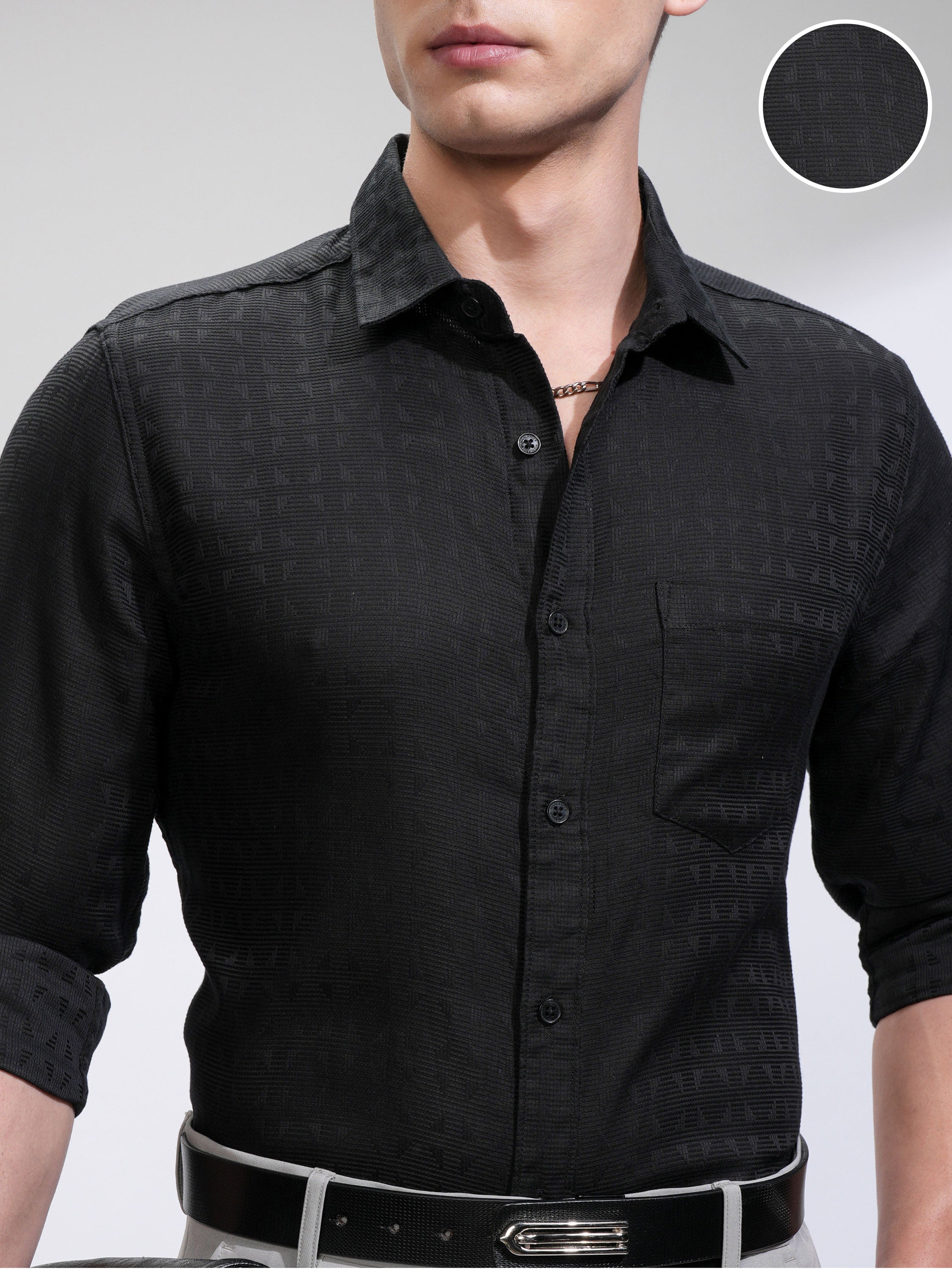 Highlander Men Black Self Design Slim Fit Casual Shirt - Black - Image 5