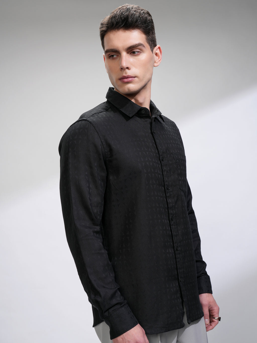 Highlander Men Black Self Design Slim Fit Casual Shirt - Black - Image 6